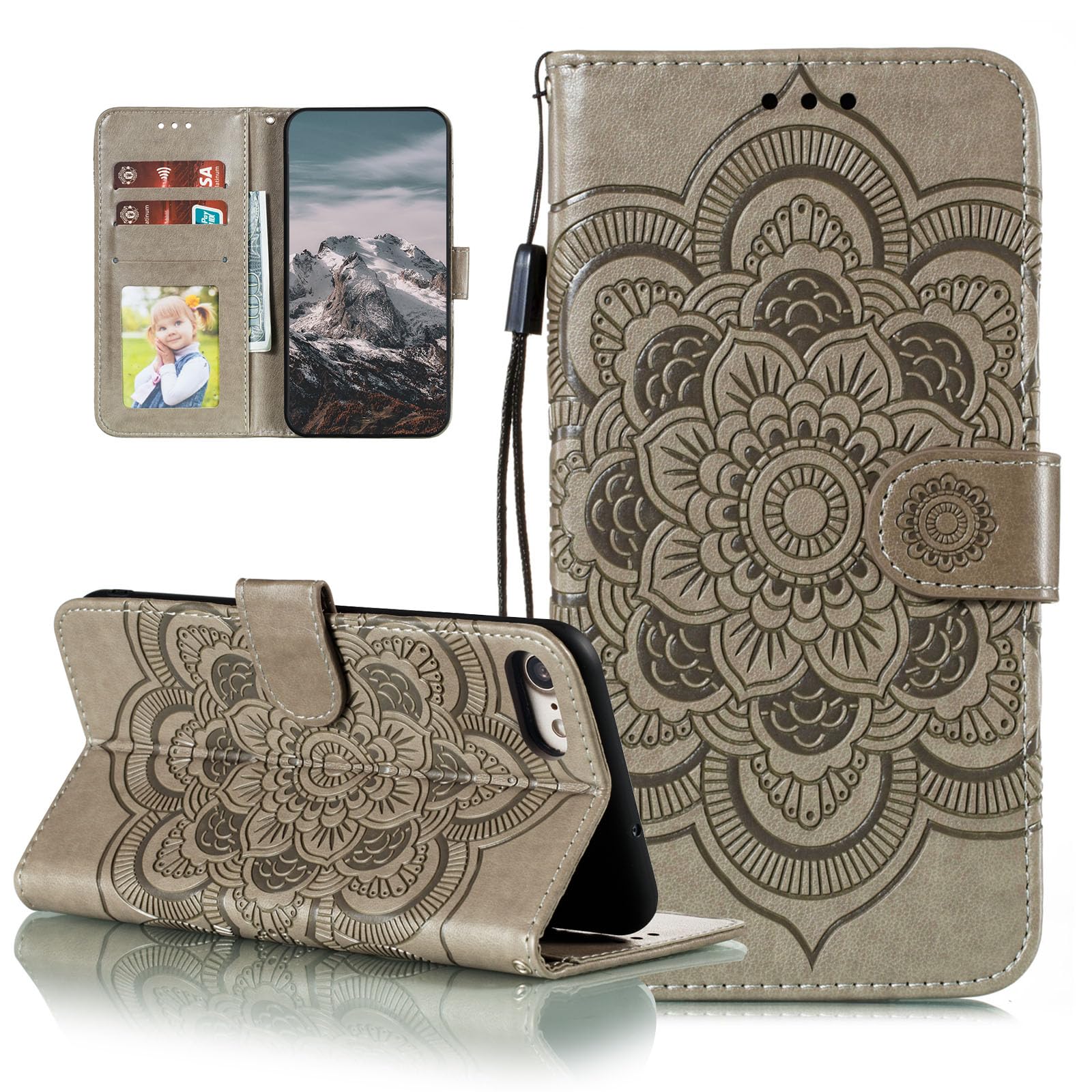 Premium Leather Mandala Flip Wallet Case for iPhone SE/7/8 - Slim Magnetic Stand Cover with Card Slots & Lanyard (Gray) | Perfect for Travel, Work & Everyday Protection