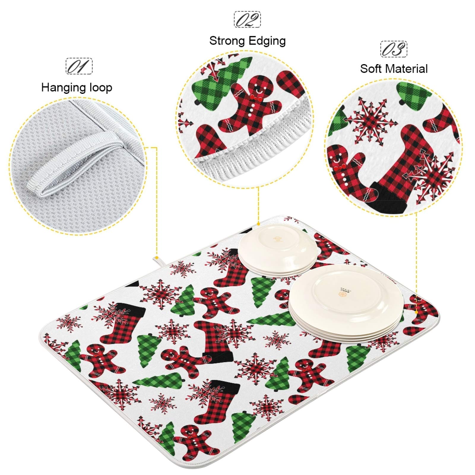 Buffalo Plaid Christmas Dish Drying Mat 16x18 Inch - Gingerbread Tree Snowflakes Design - Absorbent Kitchen Counter Protector for Dishes & Tableware - Holiday Home Decor for Kitchen Countertops & Dining Areas