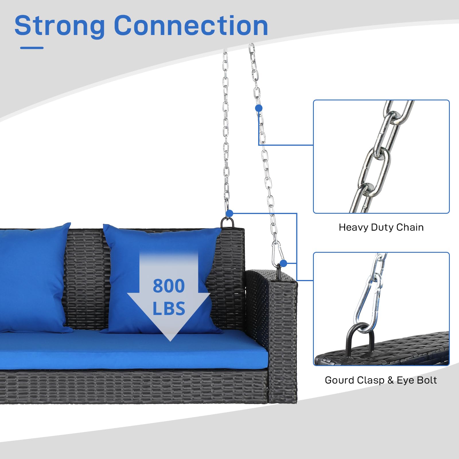 Outvita 2-Person Wicker Porch Swing with Cushion & Pillow - 800 lb Capacity Outdoor Hanging Bench for Patio, Garden, Backyard - Perfect for Relaxing, Reading & Enjoying Nature (Blue)