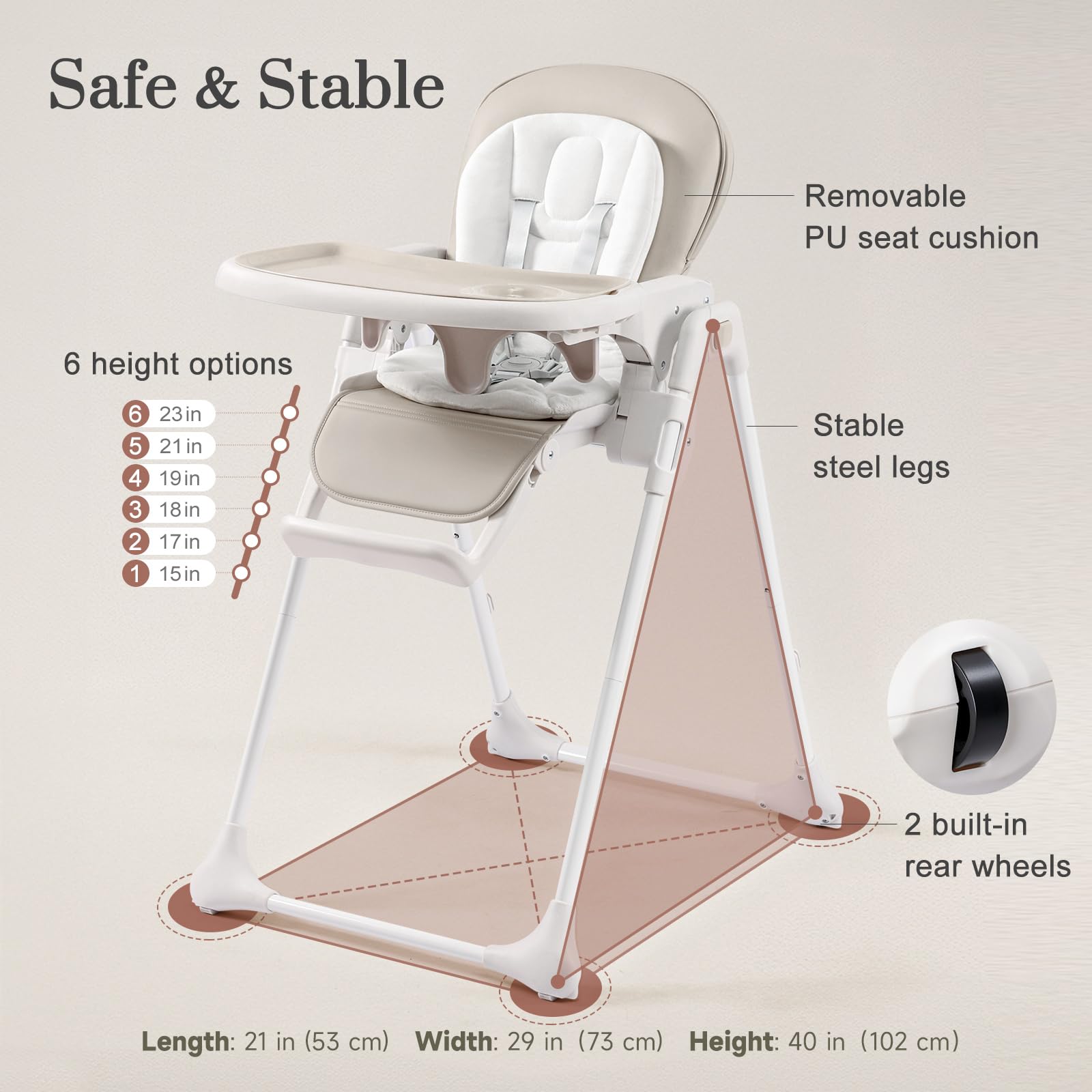 3-in-1 Convertible Baby High Chair with 6 Height & 3 Recline Adjustments - Foldable Toddler Feeding Chair with Removable Tray, 3 Detachable Toys & Built-in Wheels - Perfect for Dining, Weaning & Playtime (Taupe)