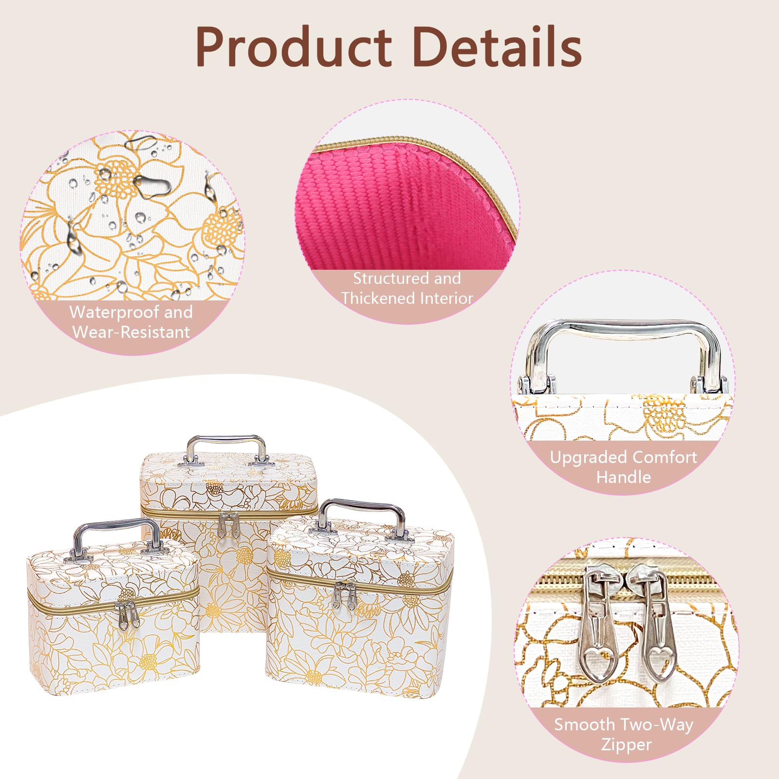 Weiwei 3-Piece Travel Makeup Train Case Set - Large Waterproof Flower Leather Cosmetic Organizer Bag with Mirror for Women | Perfect for Travel, Gym & Daily Use (White)