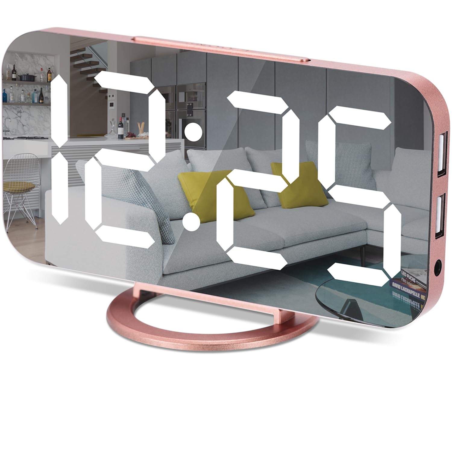 7 Inch LED Digital Alarm Clock with Large Mirrored Display, Dual USB Charger Ports, Auto Dim & Snooze - Modern Rose Gold Desk/Wall Clock for Bedroom, Living Room & Office | Perfect for Nightstands, Home Decor & Gift Giving