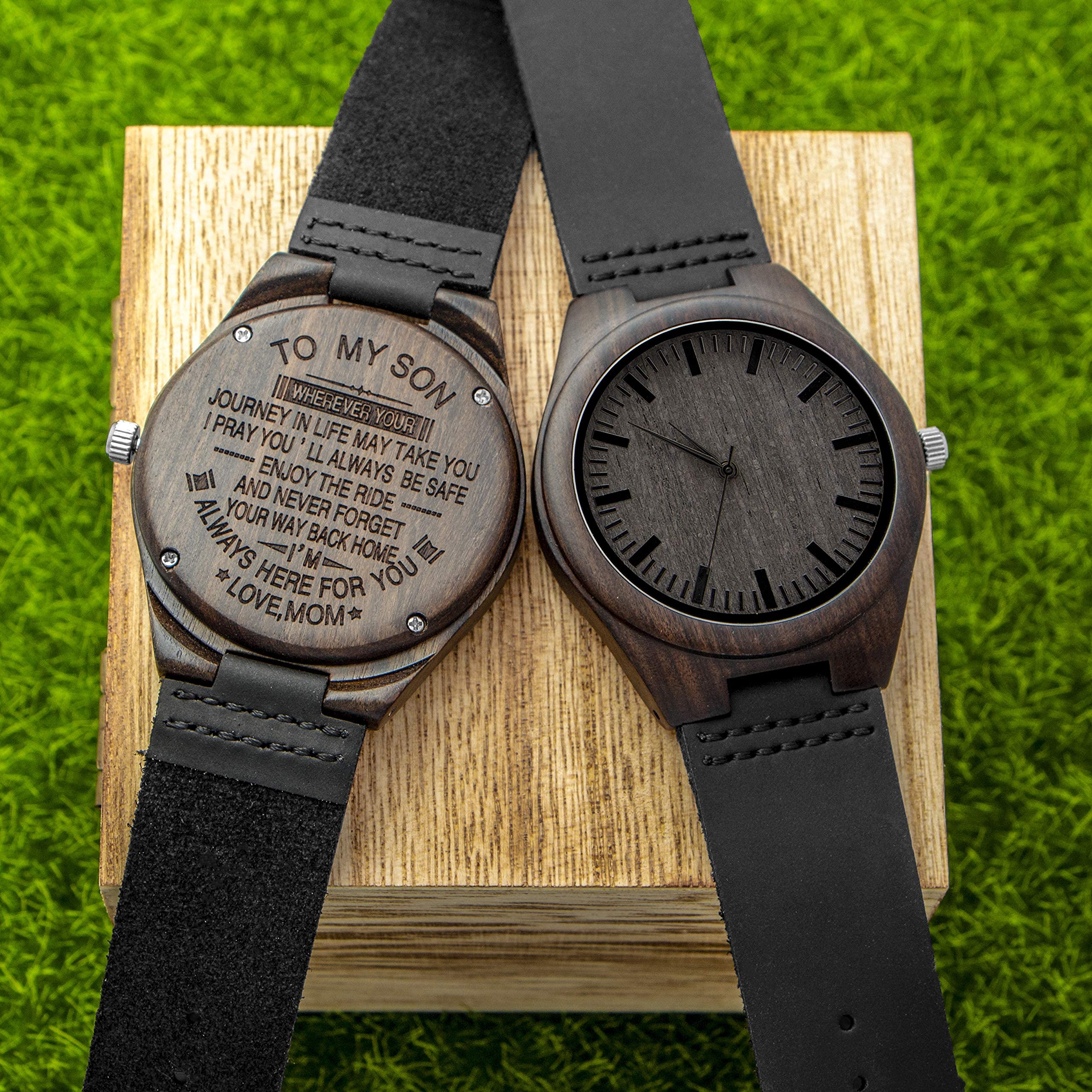 Kenon Engraved Wooden Watch for Men - Natural Ebony Wood Groomsmen Watch, Custom Engraved Gift for Husband, Son, Boyfriend - Perfect for Birthday, Anniversary, Wedding - Ideal for Formal Events & Everyday Wear
