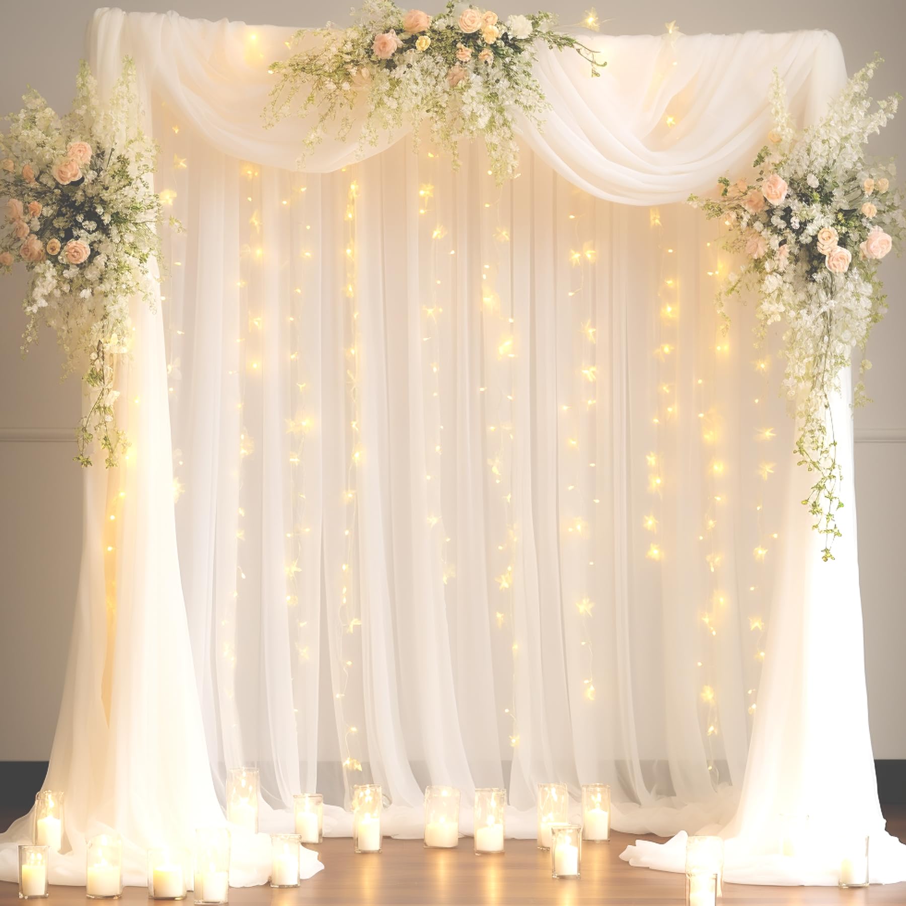 20x10ft White Tulle Backdrop Curtain with Fairy Lights - Sheer Wedding Photo Backdrop for Ceremony, Reception, Bridal Shower, Baby Shower & Birthday Party Decorations - Perfect for Indoor/Outdoor Events & Photography