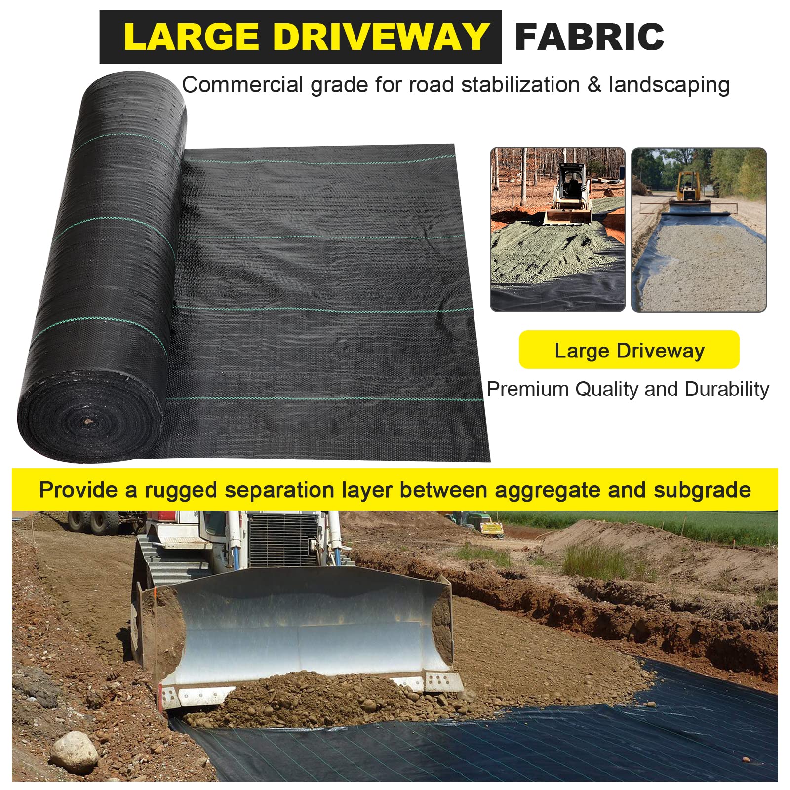 Heavy Duty 6.5x330 ft Driveway Fabric - 3.5OZ Commercial Grade Weed Barrier & Landscape Fabric for Erosion Control, French Drains, Construction Projects | Perfect for Road Stabilization, Garden Weed Prevention & Landscaping Projects