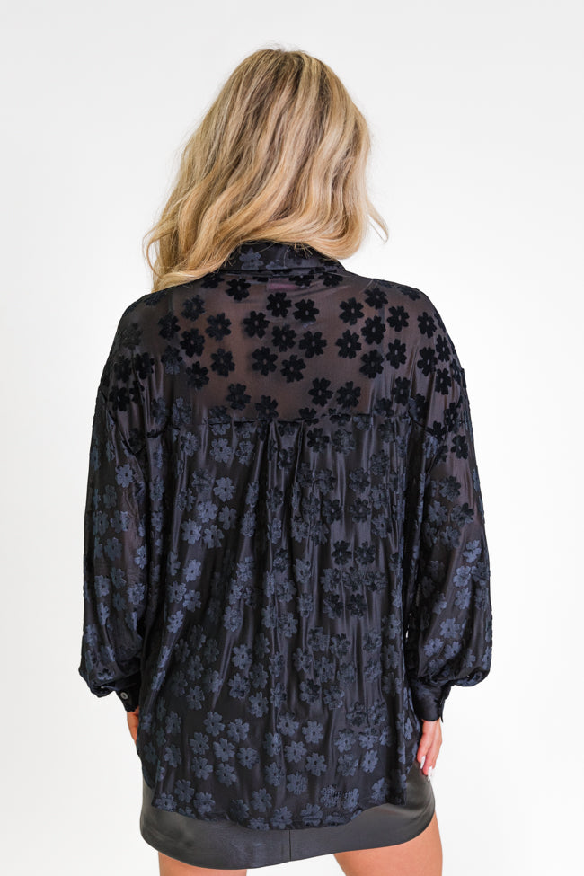 Black Velvet Floral Button Down Blouse for Women - Elegant Office Wear & Evening Outfits - Final Sale