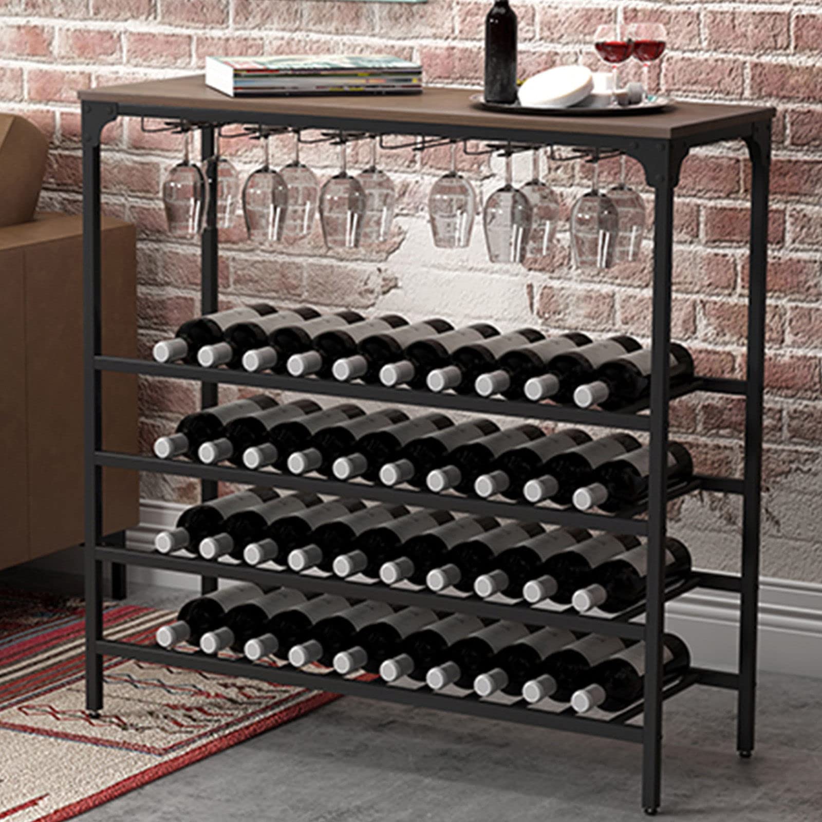 LXILUV 5-Tier Rustic Metal Wine Rack - Free Standing Floor Wine Bottle Organizer with Glass Holders for Kitchen, Dining Room & Bar - Dark Brown Wood Finish - Perfect for Home Entertaining & Wine Storage