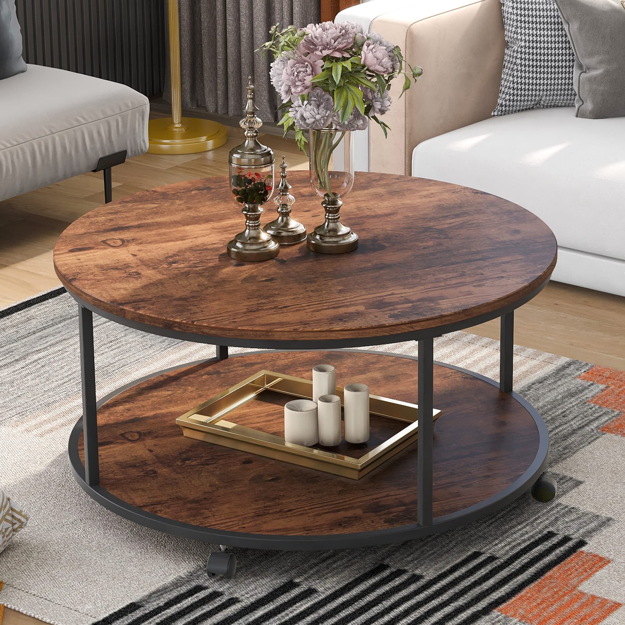 P PURLOVE Rustic Round Coffee Table with Caster Wheels - 2-Tier Distressed Brown Wooden End Table for Living Room & Bedroom | Perfect for Small Spaces, Farmhouse Decor & Coffee Lovers