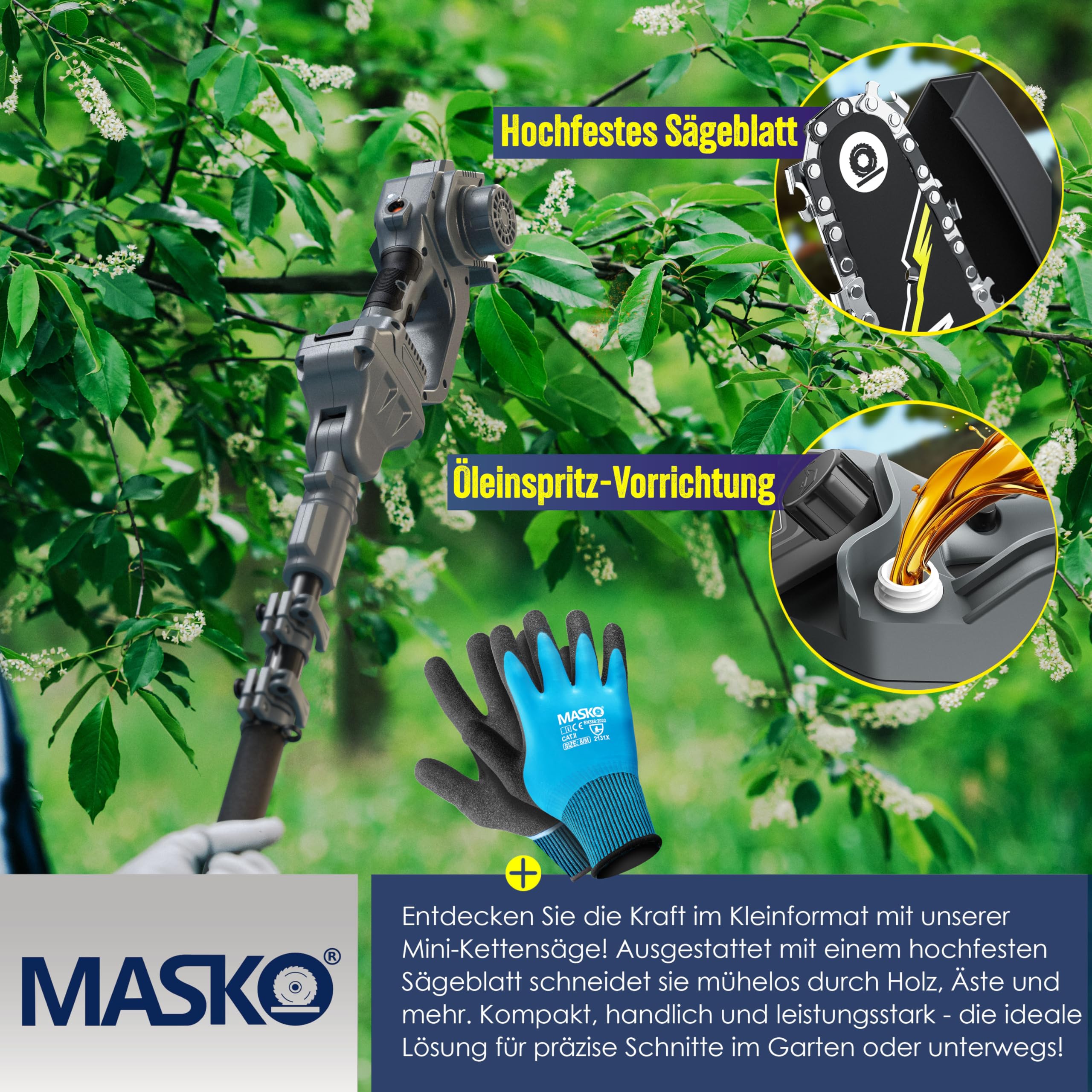 MASKO® 6-Inch Mini Chainsaw with 8000mAh Battery - 800W Electric Hand Chainsaw with 2×4000mAh Batteries & Automatic Oil System for Wood Cutting, Garden Shears, Loppers & Tree Trimming | Perfect for DIY Projects, Yard Work & Home Improvement