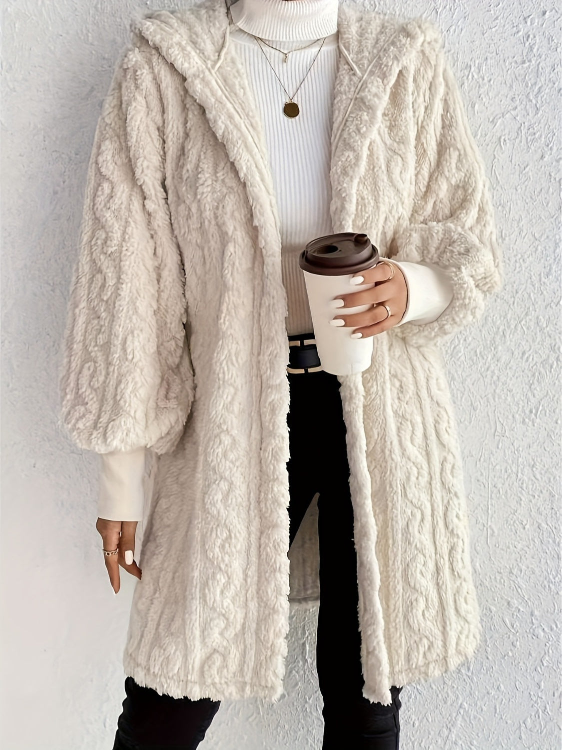 Open Front Long Sleeve Fuzzy Hooded Jacket - Cozy Winter Outerwear for Women | Perfect for Casual Outings, Lounge Wear & Cold Weather Fashion