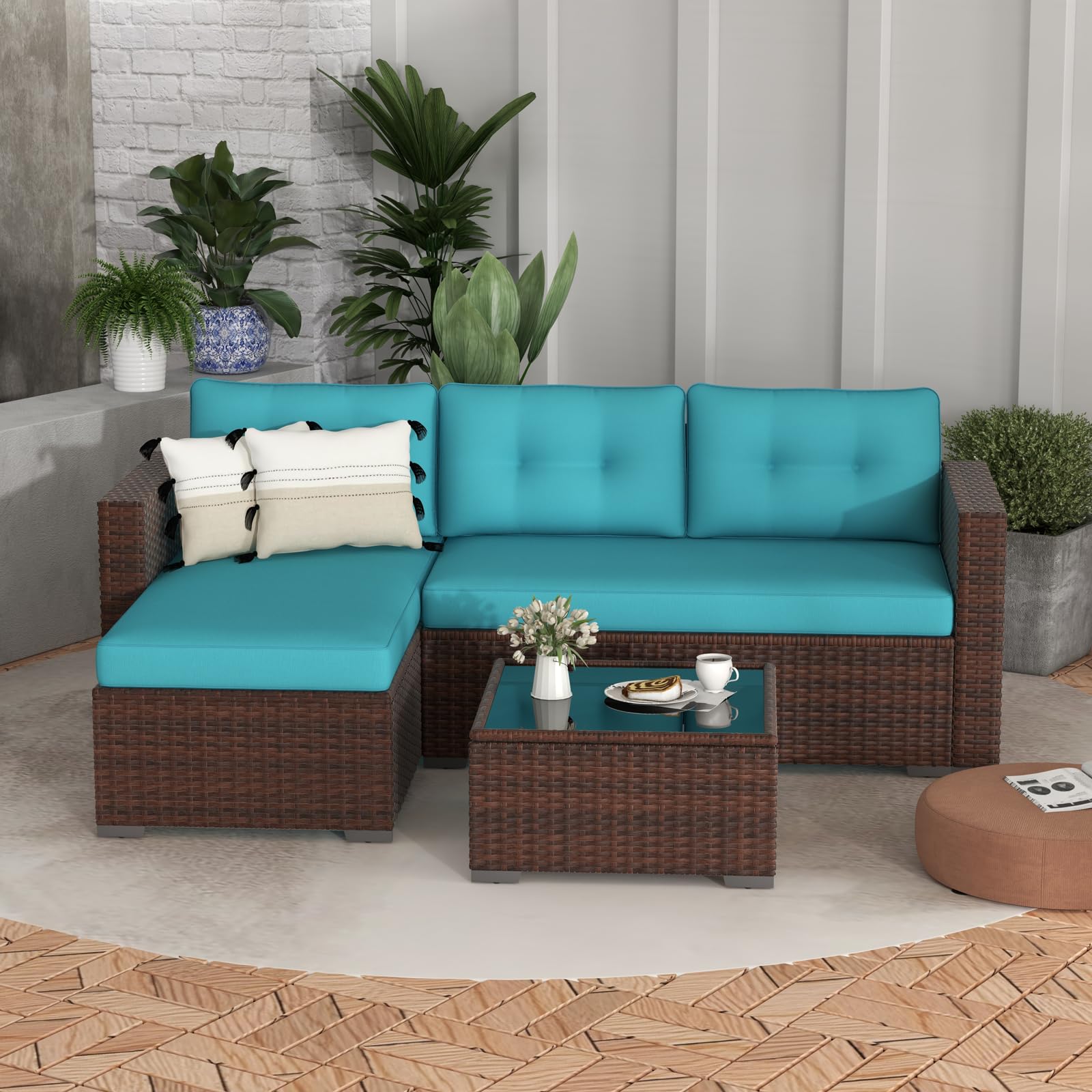 OC Orange-Casual 3-Piece All-Weather Patio Furniture Set - Outdoor Wicker Sectional Sofa with Glass Coffee Table & Turquoise Cushions - Brown Rattan Loveseat for Deck, Balcony, Porch, Garden & Backyard Relaxation