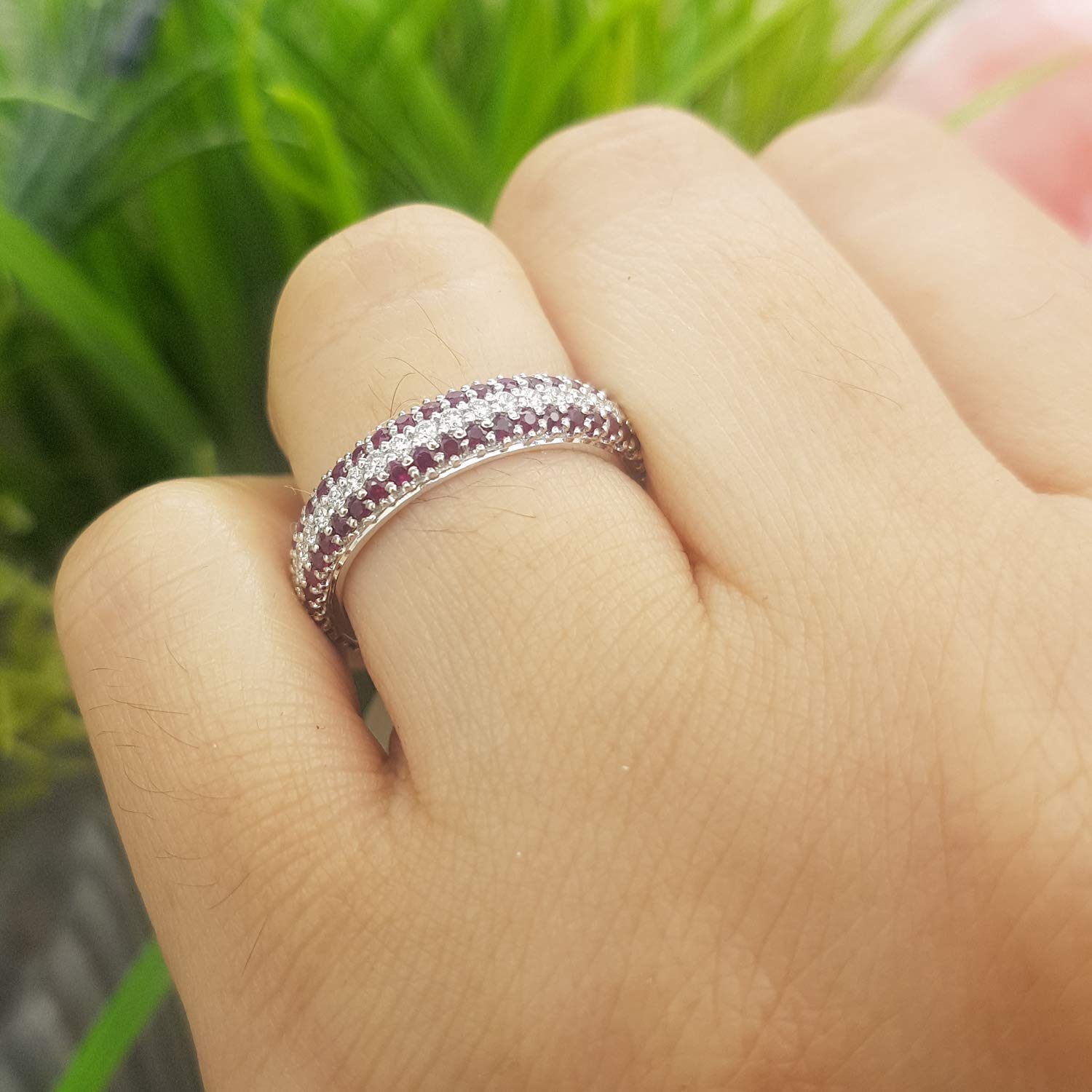 18K Solid White Gold Round White Diamond & Ruby Women's Anniversary Wedding Eternity Band – Perfect for Bridal Jewelry, Engagement Rings & Special Occasions