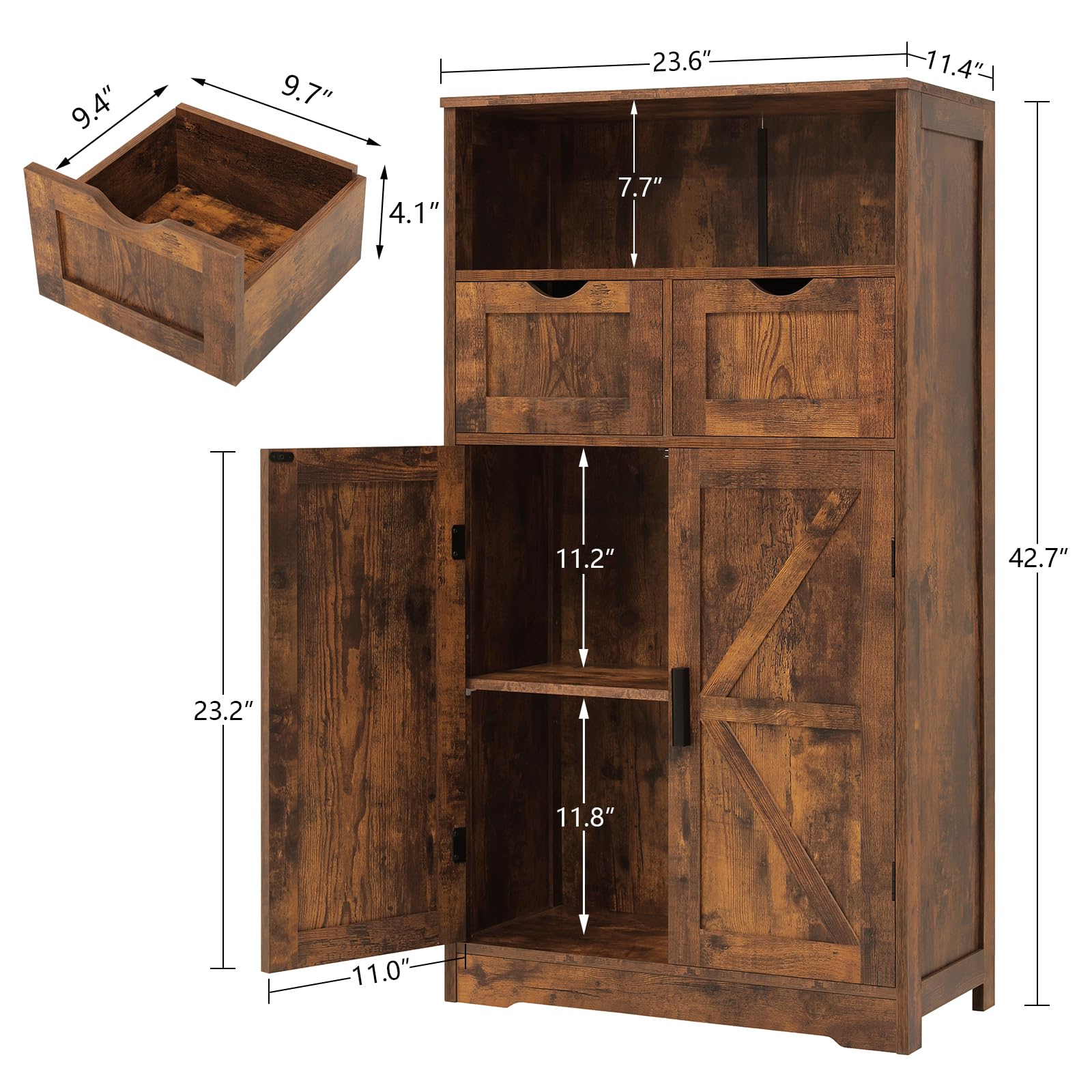 WEENFON Farmhouse Storage Cabinet - Rustic Brown Kitchen Pantry Organizer with 2 Adjustable Drawers & Shelves, Floor Hutch Cupboard for Living Room, Home Office & Kitchen Storage - Perfect for Small Space Organization & Farmhouse Decor