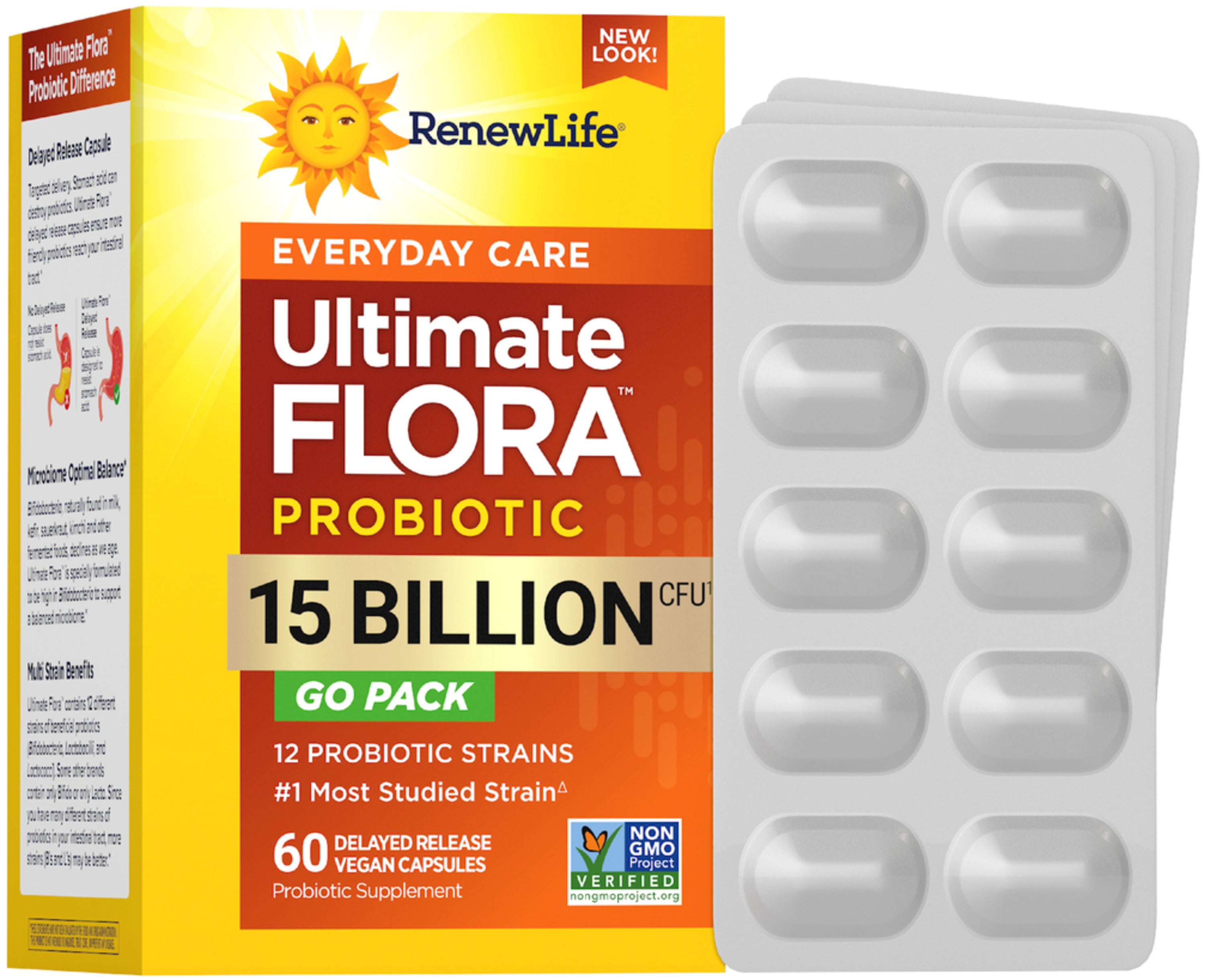Ultimate Flora Everyday Care Probiotic 15 Billion CFU - 60 Delayed Release Vegan Capsules for Digestive & Immune Support - Travel-Friendly GO PACK for Daily Gut Health