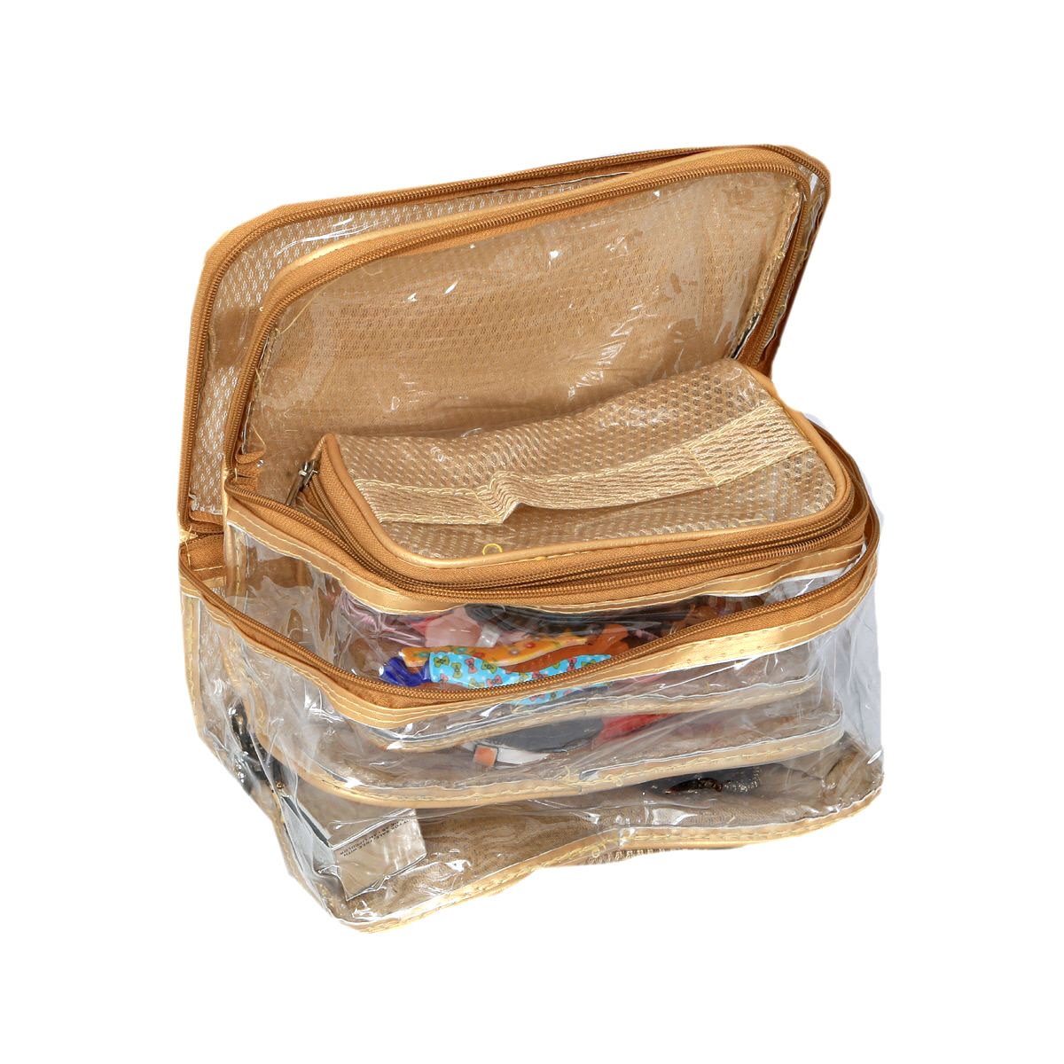 Premium DIVYANA 3-Piece Cosmetic & Makeup Travel Kit - Multi-Function Large Capacity Toiletry Bags for Women & Men (Golden/Beige) - Perfect for Beach Vacations, Business Trips & Gym Essentials