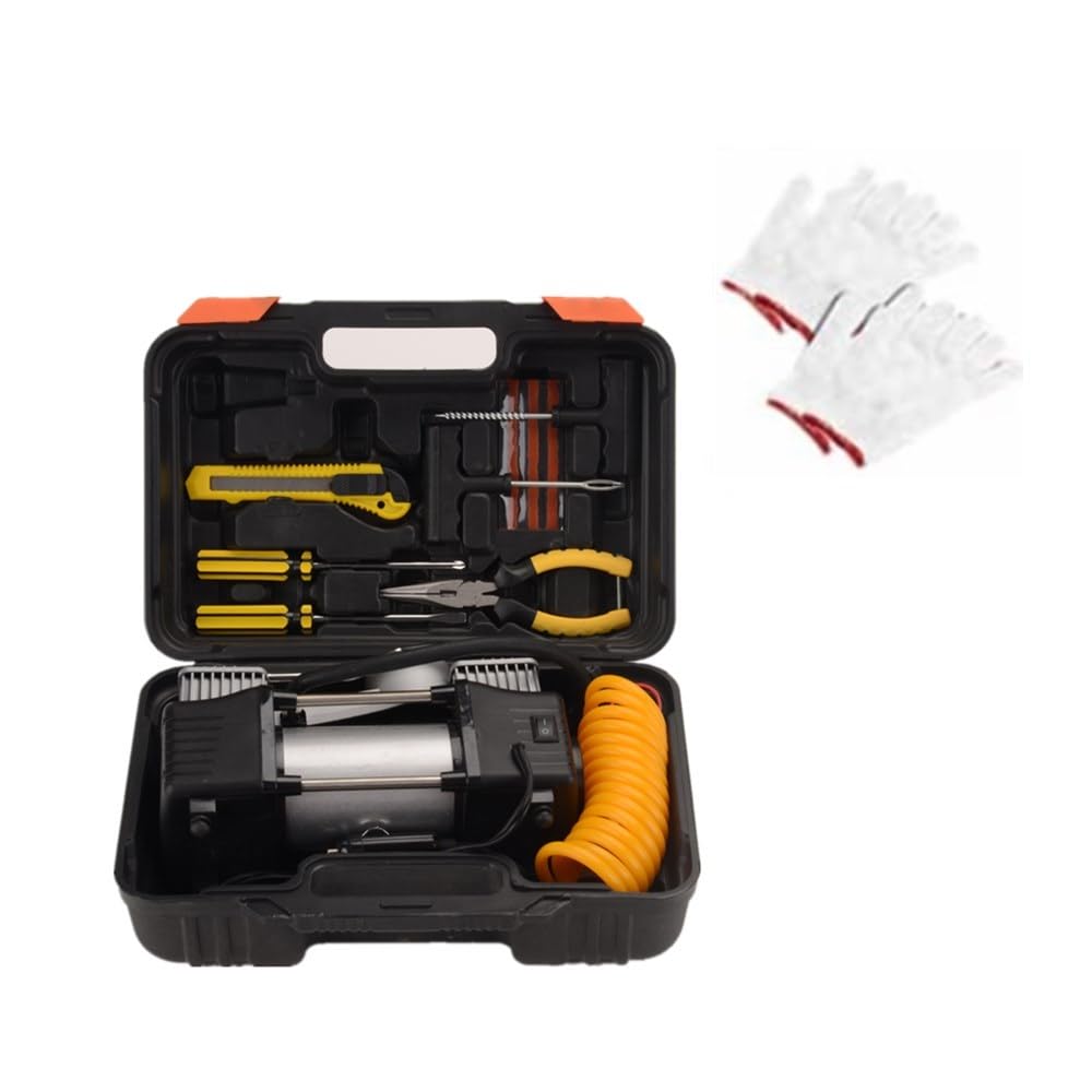FLZOSPER 6-Piece Heavy Duty 12V DC Metal Air Compressor Kit - 150PSI Dual Cylinder Tire Inflator Pump with Adapters for Car, Truck, SUV Tires, Inflatables & Air Mattresses (Silver) - Perfect for Roadside Emergencies, Camping & Home Use