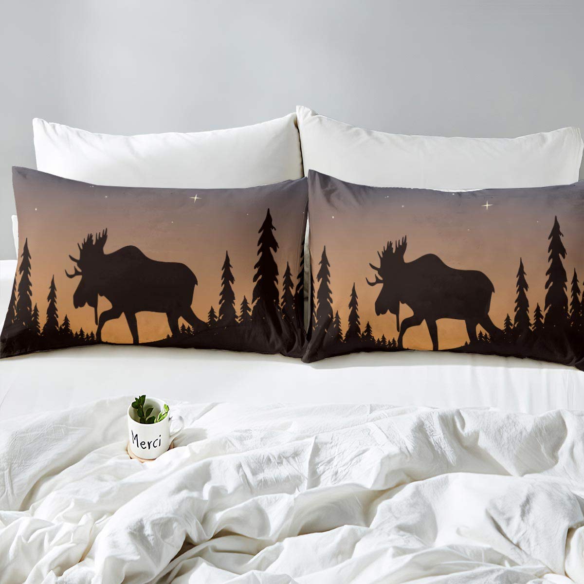 Feelyou Twin Size Moose Comforter Cover Set - Ombre Starry Twilight Design with Moose & Tree Silhouettes, 2-Piece Bedding (Duvet Cover + Pillowcase) in Charcoal Grey, Zipper Closure - Perfect for Cozy Cabin Retreats & Nature-Themed Bedrooms