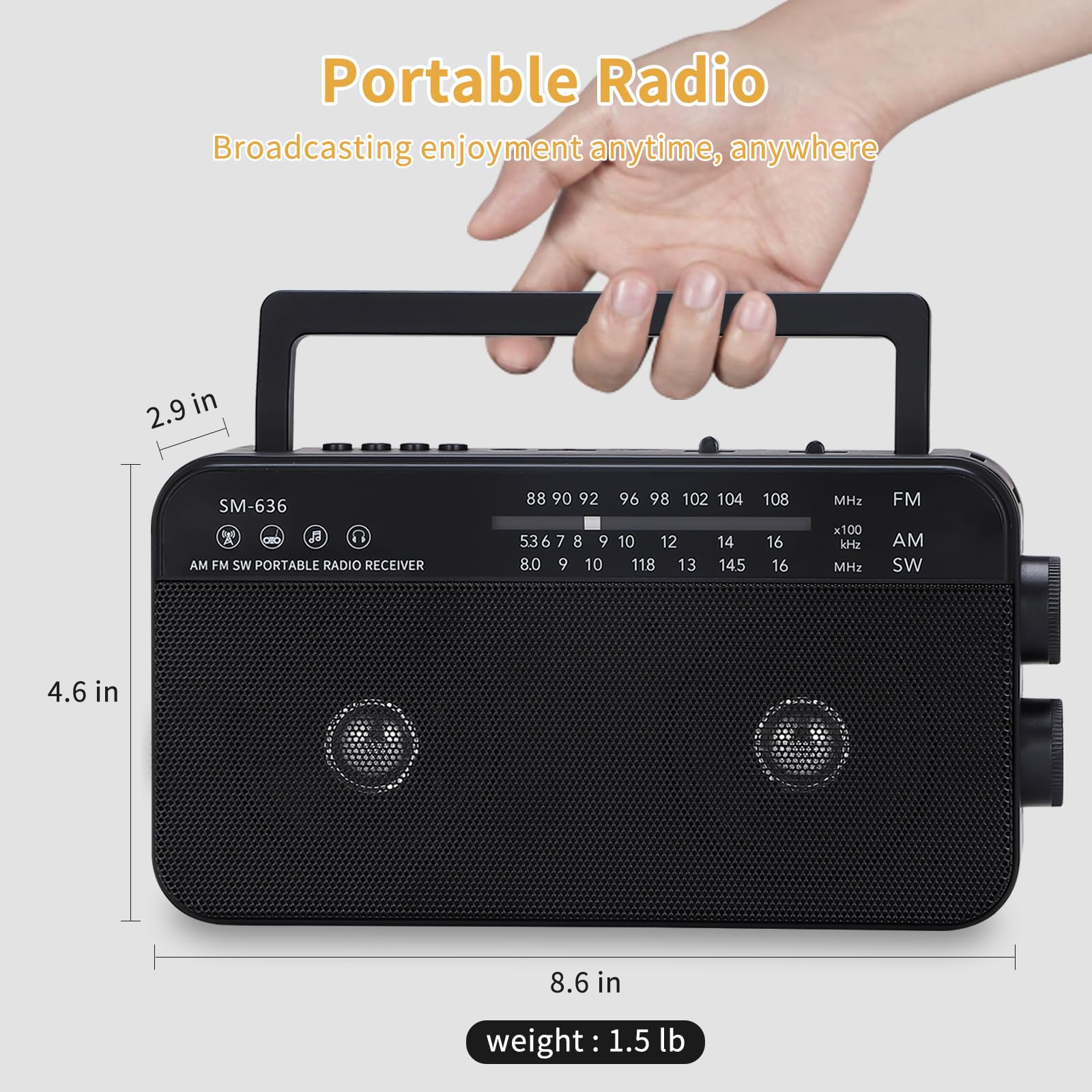 Portable AM FM Shortwave Radio with Bluetooth Speaker - Plug in Wall or 3X D Cell Batteries - AC Power Transistor Radio with 2 Tone Mode & Dual Loud Speakers - Supports AUX/USB/TF Card Playback - Perfect for Camping, Emergencies & Home Use