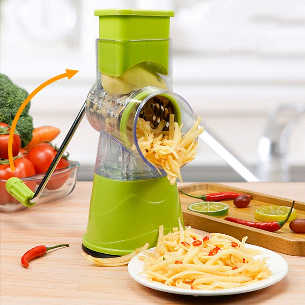 Premium Rotary Cheese Grater with 3 Blades - Detachable Mandoline Slicer & Vegetable Cutter - Suction Cup Base for Stability - Perfect for Salads, Pasta & Meal Prep (Multifunctional Kitchen Tool)