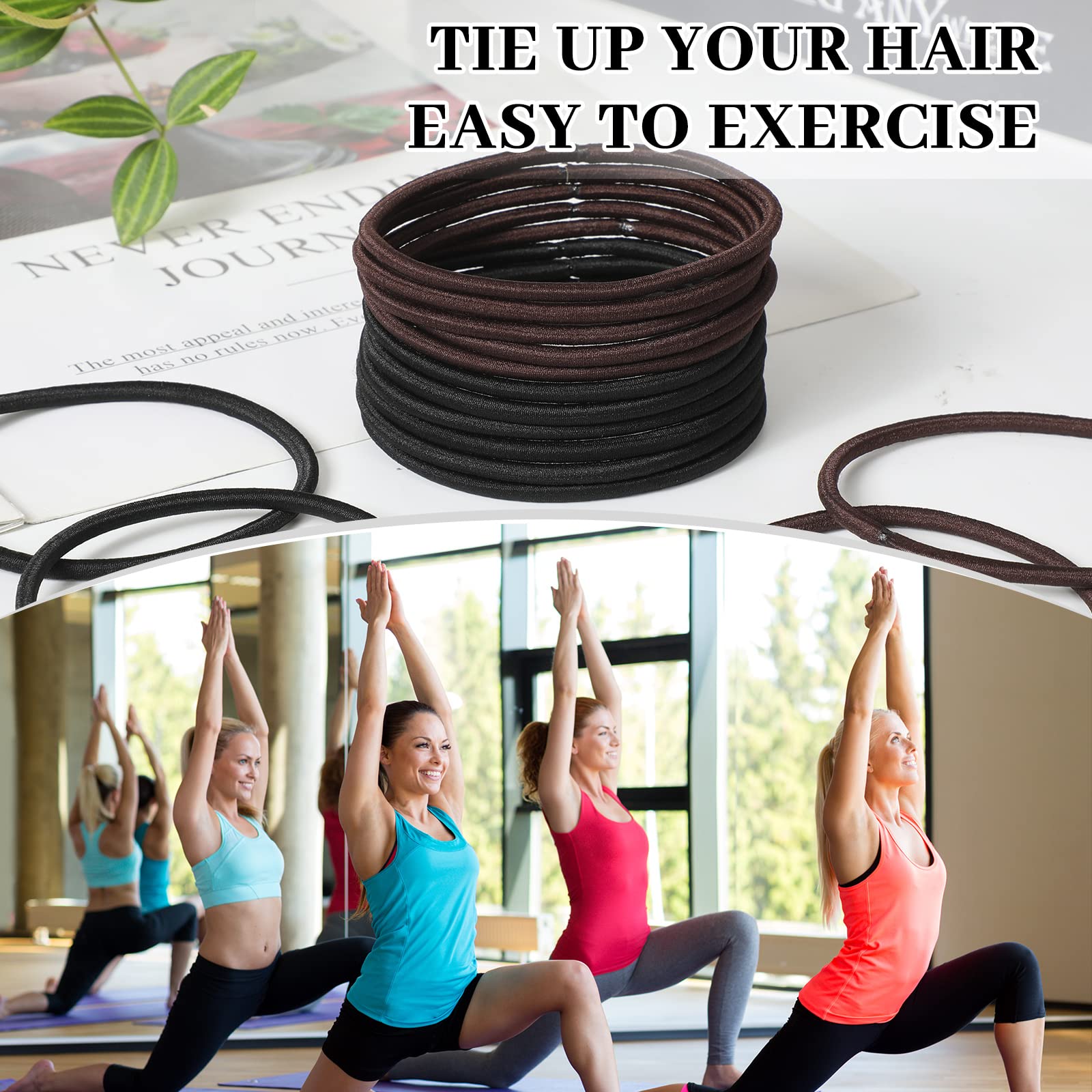 Dingion 80 Count Extra Long Hair Ties for Thick Curly Hair - No Metal Bands Soft Elastic Ponytail Holders for Women (Black, Brown) - Perfect for Workouts, Yoga, and Everyday Styling