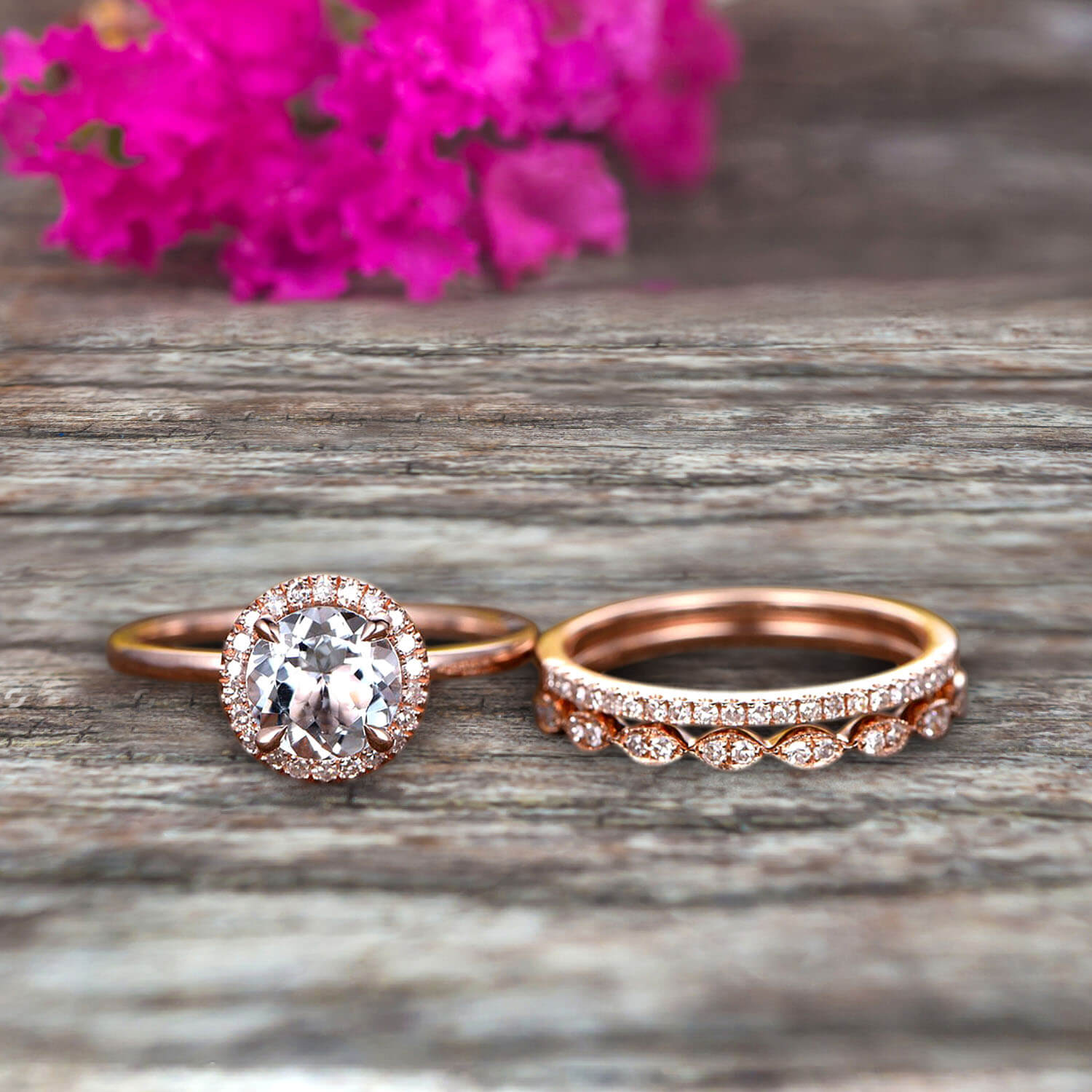1.75 Carat Round Cut Aquamarine Wedding Ring Set with Moissanite Diamond Matching Band in 10k Rose Gold - Art Deco Trio Set for Anniversary, Engagement & Special Occasions