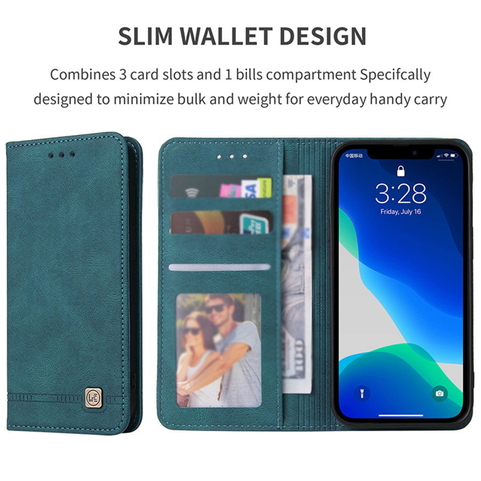 Magnetic PU Leather Wallet Case for iPhone 13 Pro Max - Shockproof Card Holder & Stand (Blue) for Daily Use