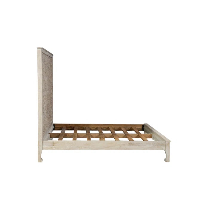 Dynasty Hand Carved Solid Wood Low Profile Standard Bed Frame - White Queen Size | Modern Minimalist Bedroom Furniture for Small Spaces & Loft Apartments