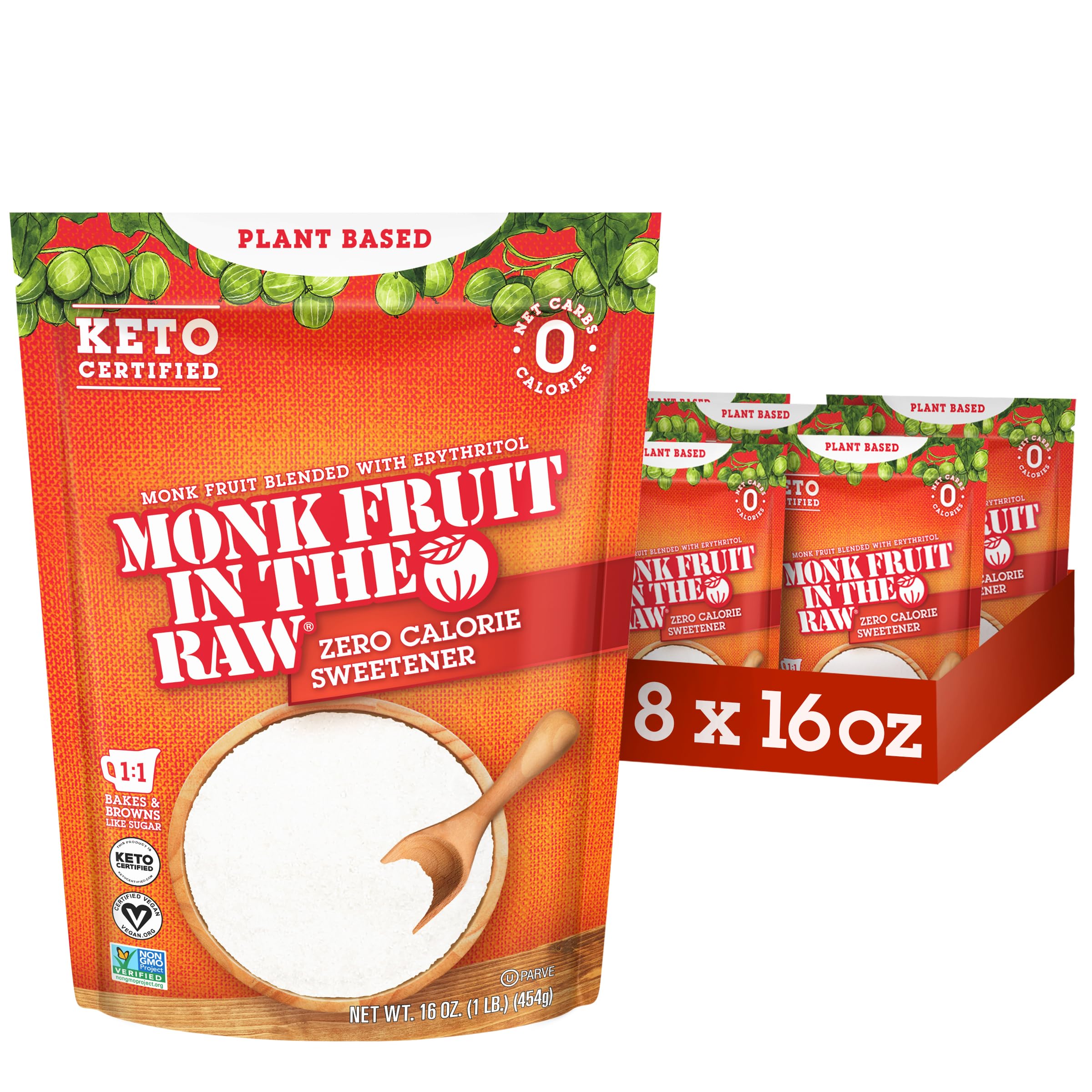 MONK FRUIT IN THE RAW, 16 oz Baker's Bag, Pack of 8, Natural Monk Fruit Sweetener with Erythritol, Sugar-Free, Keto-Friendly, Low-Carb Baking & Cooking Sweetener for Coffee, Tea, Desserts