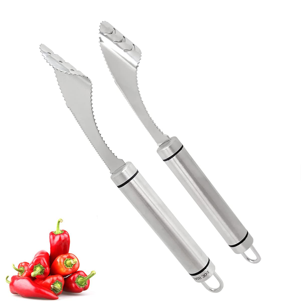 Stainless Steel Jalapeno Pepper Corer & Seed Remover Tool - 2PCS Serrated Vegetable Top Slicer for Kitchen, BBQ, and Cooking Prep | Durable Kitchen Gadget for Peppers, Tomatoes & More