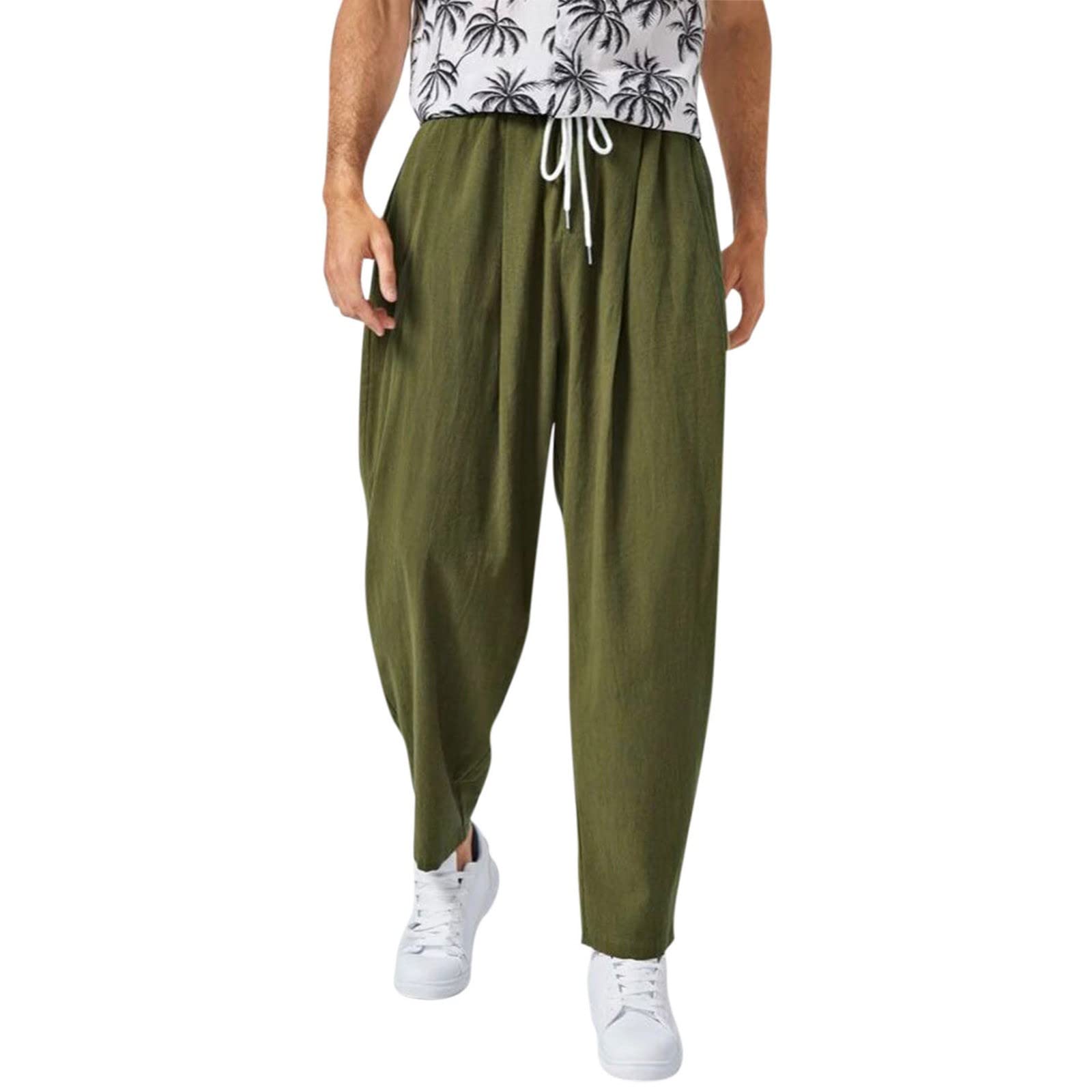 Men's Casual Linen Cotton Pants - Loose Fit Autumn Trousers with Rope Waistband | Solid Color Comfortable Pants for Outdoor, Travel & Daily Wear