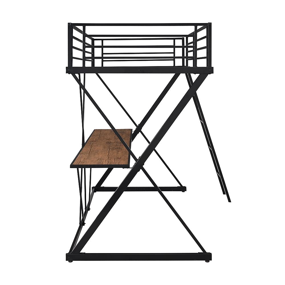 LF Steel Twin Loft Bed with X-Shaped Frame - Space-Saving Kids & Teens Bed with Ladder, Desk & Full-Length Guardrails - No Box Spring Needed (Brown) - Perfect for Small Bedrooms, Dorms & Shared Kids' Rooms