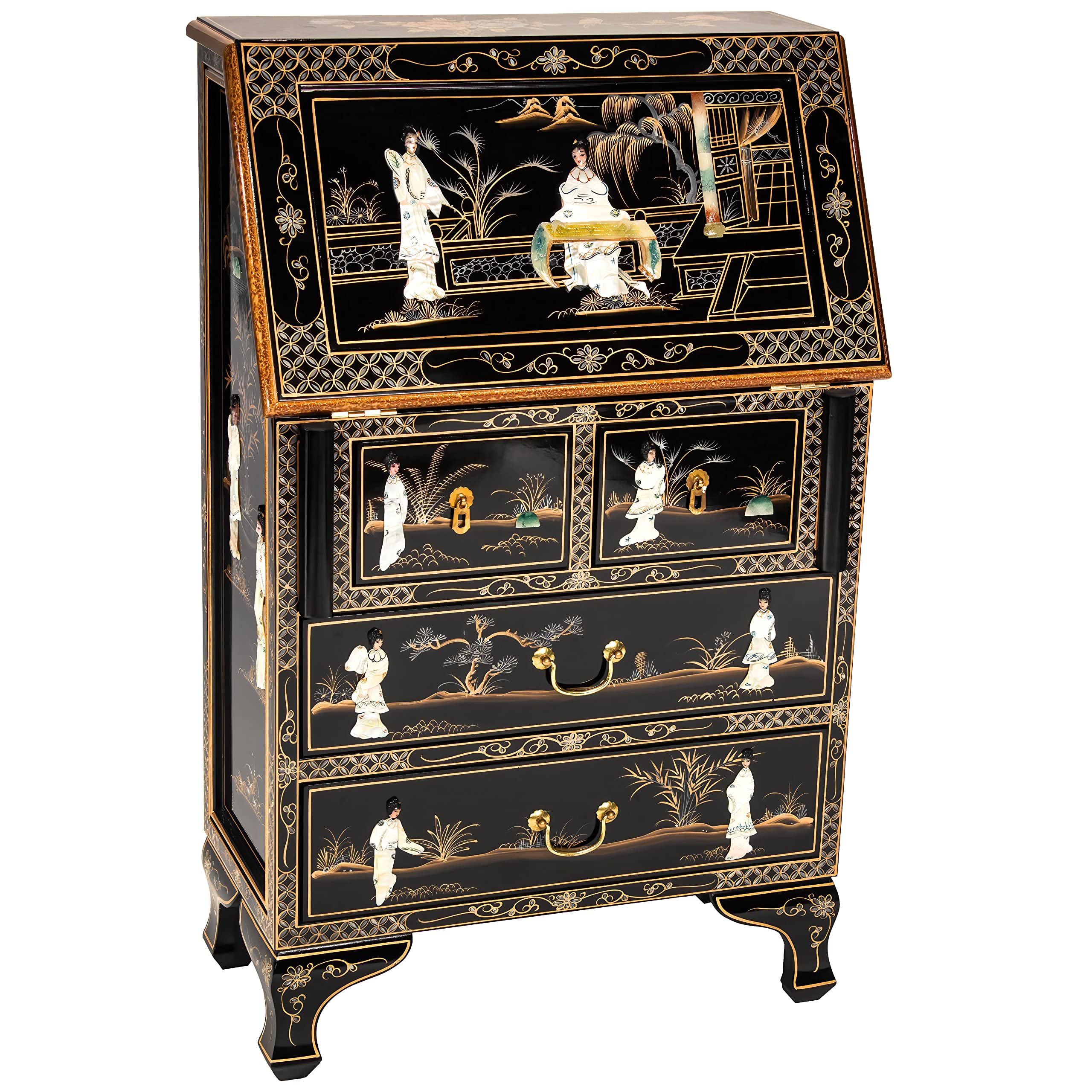 Handcrafted Red Lantern Black Lacquer Secretary Desk - Vintage Chinese Style Writing Desk for Home Office, Study & Royal Ladies Decor