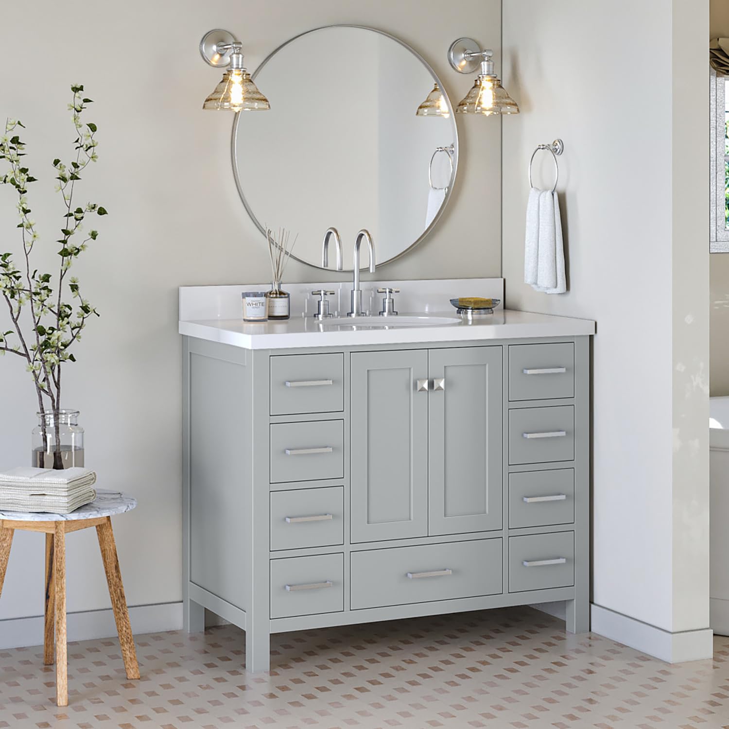 DKB Beckford Series 42 Inch Grey Bathroom Vanity Base Cabinet with Center Sink, 2 Soft Close Doors & 9 Full Extension Dovetail Drawers – Perfect for Modern Bathroom Remodeling and Space-Saving Storage Solutions