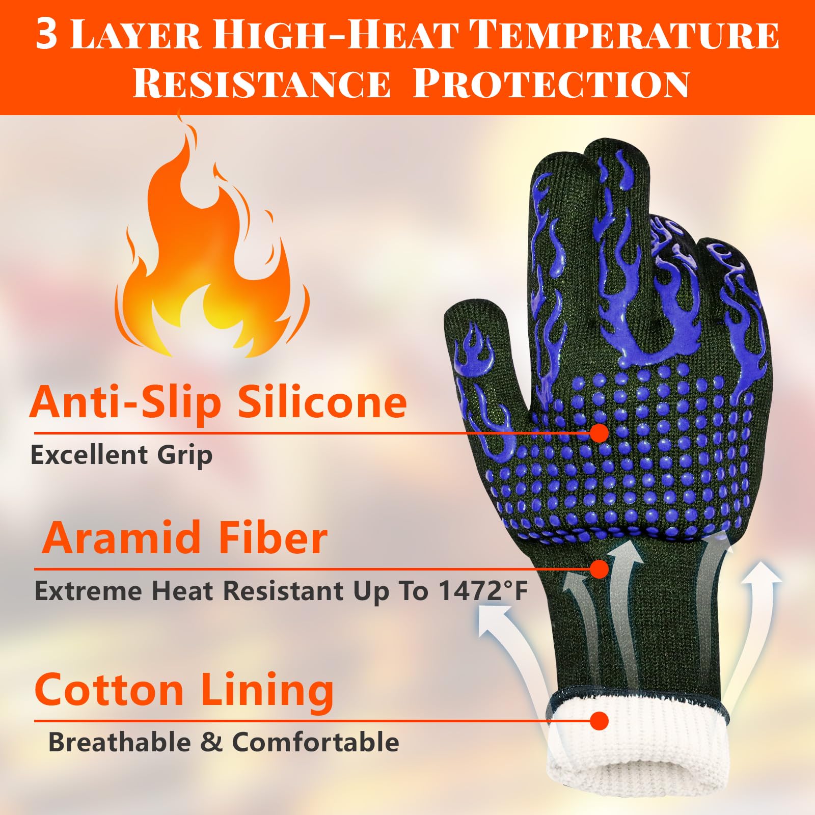 Heat Resistant BBQ Grill Gloves for Blackstone Griddle & Smoker - 1472°F High Temperature Protection with Non-Slip Silicone Palm Pads - Perfect for Barbecue Cooking, Grilling, Cutting & Oven Use (Blue)