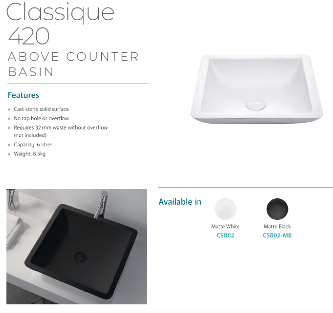 Fienza CSB02 Classique 420mm White Matte Solid Surface Bathroom Sink - Modern Above Counter Basin for Vanity, Powder Room & Guest Bath Installation
