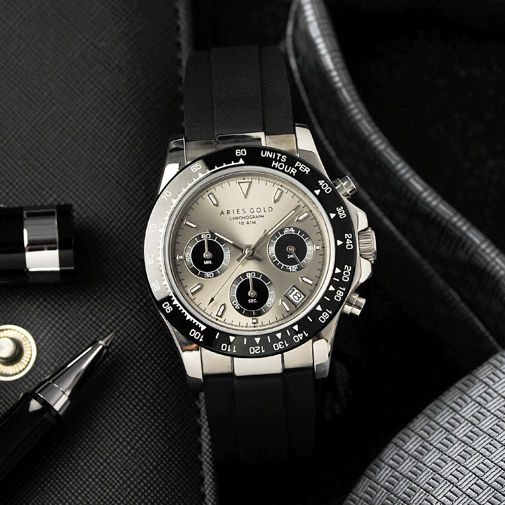Aries Gold Chronograph Black Silicone Strap Men's Watch G 7024A Series - Luxury Sports Watch for Men, Perfect for Business, Casual & Outdoor Activities