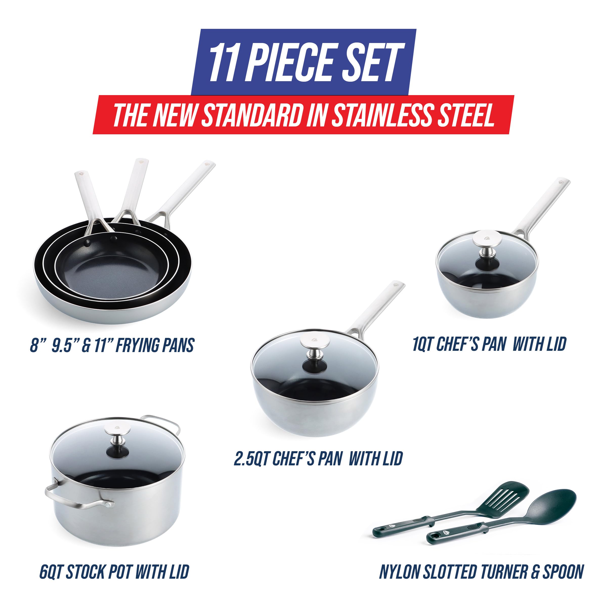 Blue Diamond 11-Piece Stainless Steel Cookware Set - Tri-Ply Construction, Induction Compatible, PFOA/PFAS Free Nonstick Coating - Dishwasher & Metal Utensil Safe for Everyday Cooking, Frying & Baking - Perfect for Home Chefs & Professional Kitchens