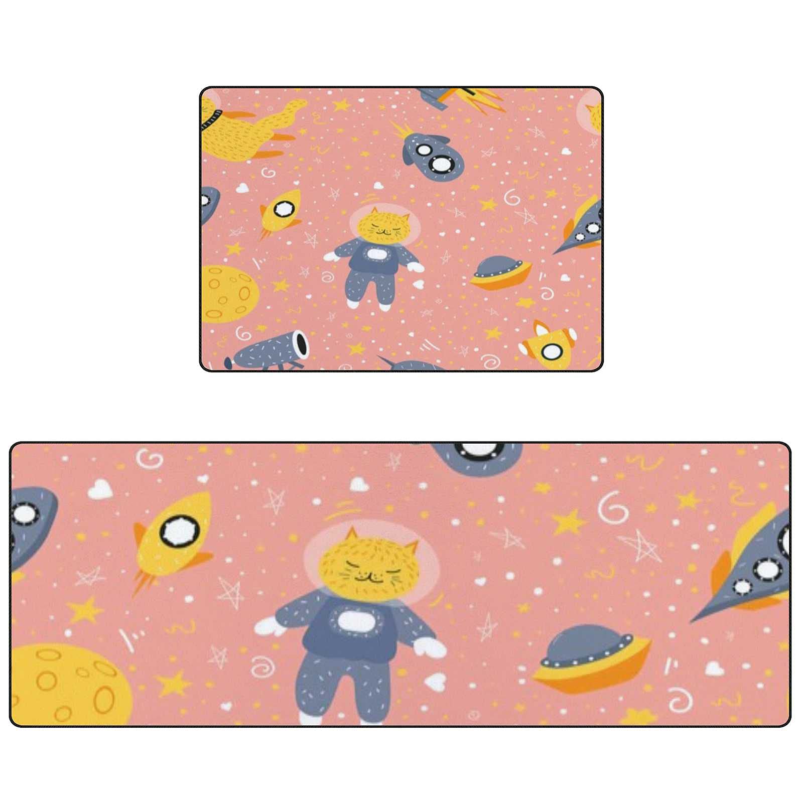 Premium Non-Slip Kitchen Rugs Set of 2 - Space Theme Cat & Stars Design, Anti-Fatigue Cushioned Foam Mats (17.7