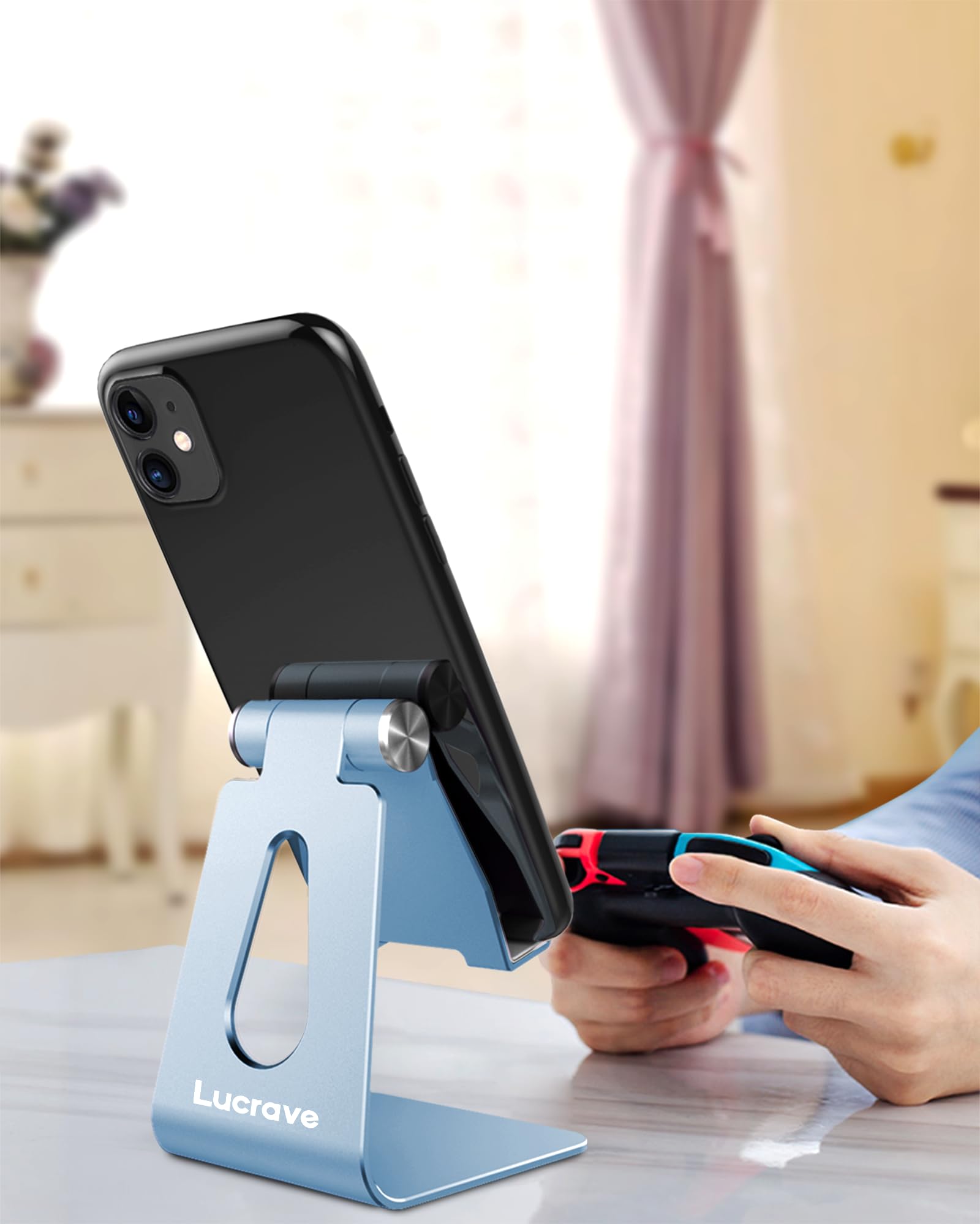 Lucrave Adjustable Aluminum Phone Stand Holder for iPhone SE 12/13/14/15 Pro/XS Max/XR/Plus/Mini & Samsung Galaxy S20/S10/S9/S8 - Sierra Blue - Perfect for Desk, Bedside, Office & Video Calls