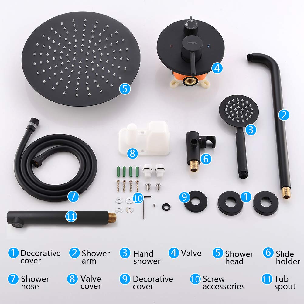 Black Wall Mount Bathtub Shower System - 3 Function Tub & Shower Trim Kit with 12 Inch Rain Shower Head, Handheld Spray & Tub Spout - Includes Rough-in Valve for Easy Installation - Perfect for Bathroom Renovation & Modern Home Spa Experience