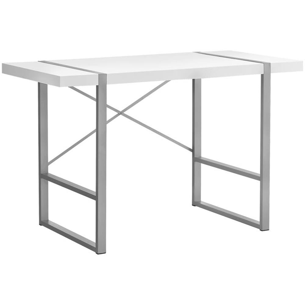 Pemberly Row Solid Wood Computer Desk with X-Shaped Base - White & Silver Finish for Home Office, Gaming, and Study Spaces