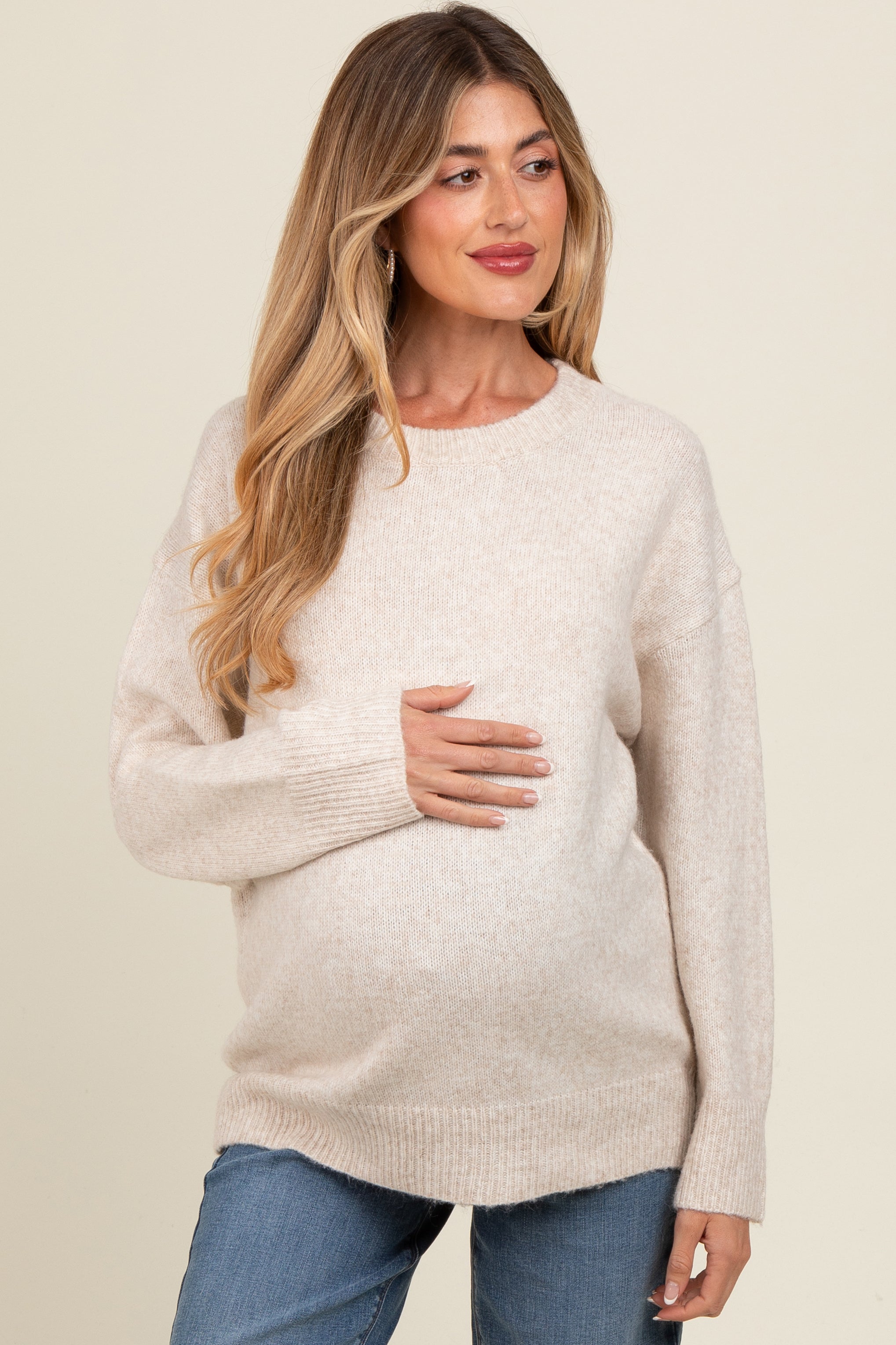 Soft Beige Maternity Sweater for Women - Cozy Knit Pregnancy Top for Everyday Wear | Perfect for Work, Casual Outings & Baby Showers