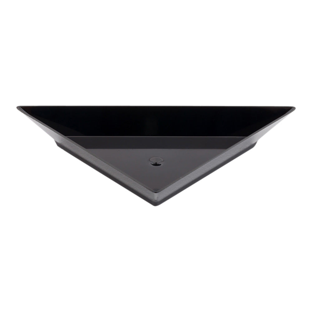 100-Pack Black Plastic Mini Triangle Appetizer Plates & 100 Silver Plastic Mini Spoons for Parties, Weddings, and Catering Events