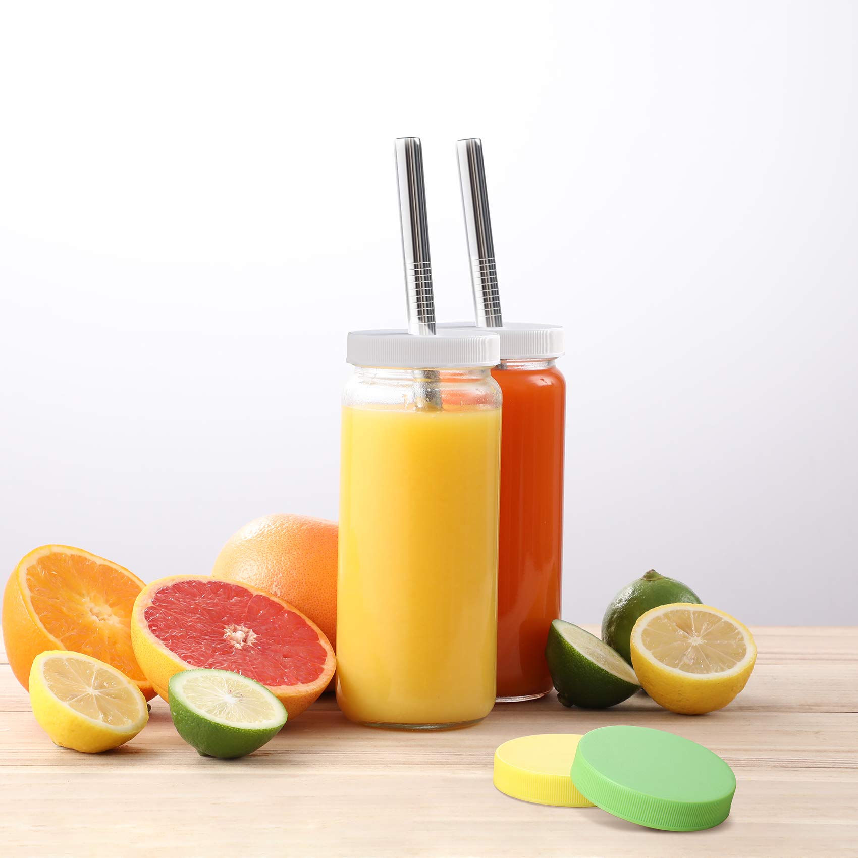 8 Pack 16oz Glass Juice Bottles with Lids & Straws - Reusable Mason Jars for Juice, Smoothie, Bubble Tea, Kombucha - Airtight Travel Drinking Cups for Home, Office, Gym & Outdoor Activities