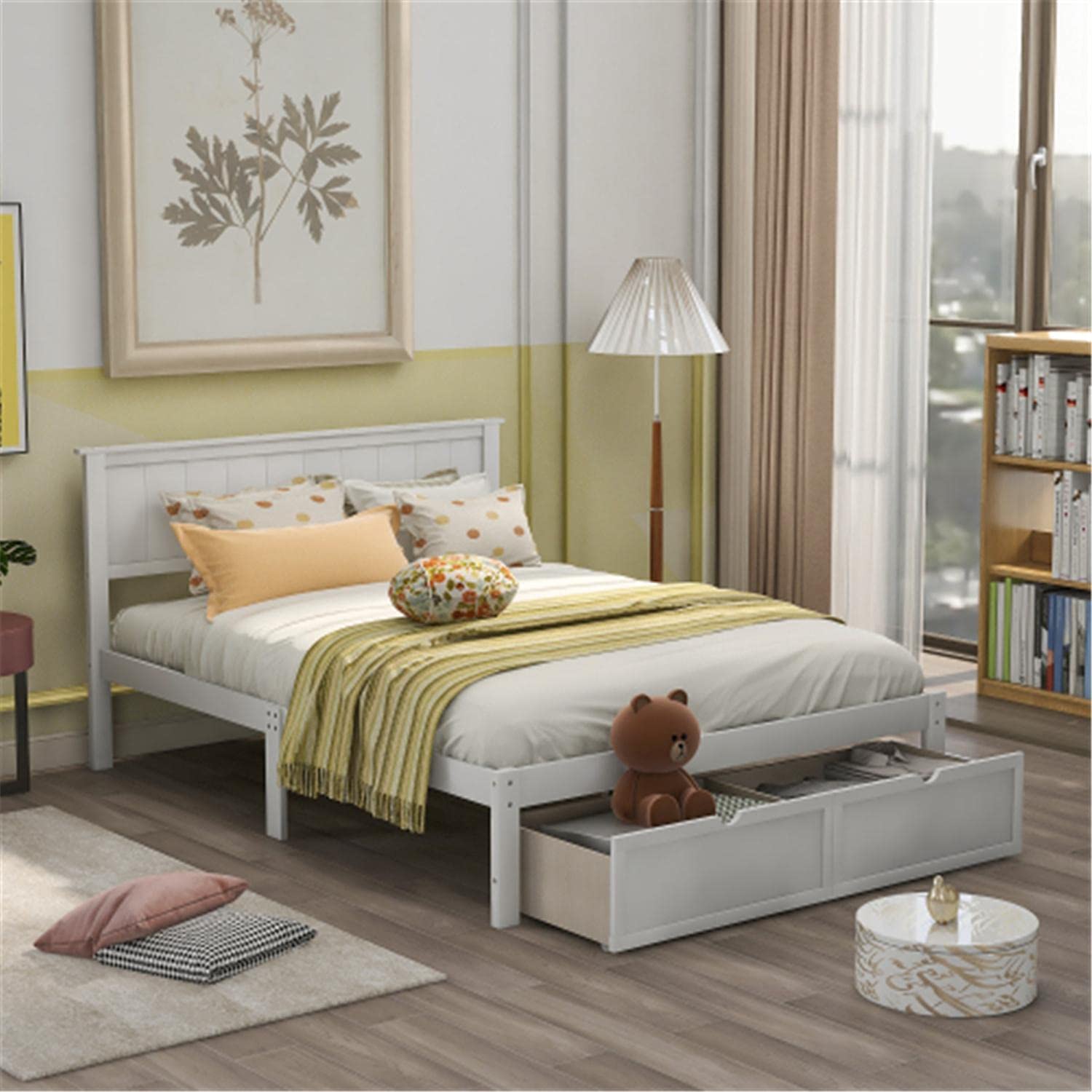Full Size Platform Bed Frame with Storage Drawer & Headboard - Sturdy Wood Slat Support, White Finish - Perfect for Small Bedrooms & Guest Rooms