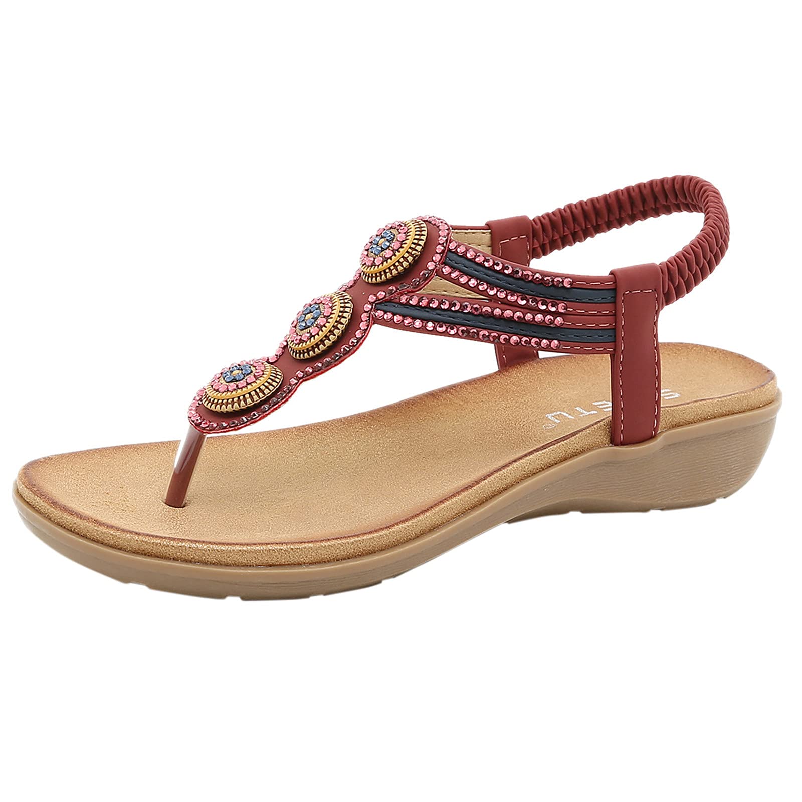 **Women's Comfortable Flat Sandals - Slip On Casual Roman Slippers with Elastic Strap & Crystal Details | Bohemian Wedge Sandals for Beach, Travel & Everyday Wear**