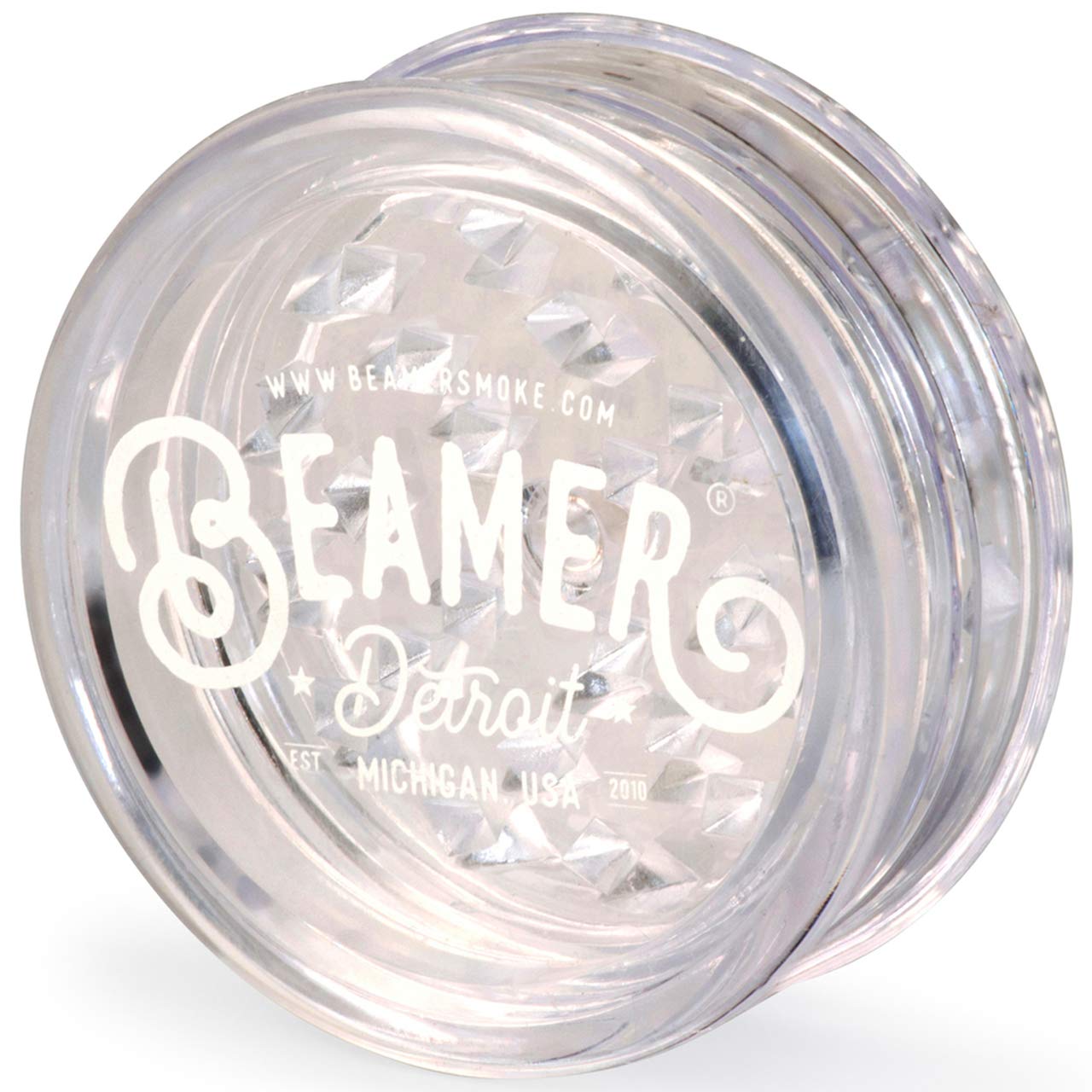 Beamer Detroit Logo 3-Piece 63mm Acrylic Herb Grinder - Transparent Clear with Bonus Smoke Sticker | Perfect for Grinding Herbs & Spices | Ideal for Home Use, Travel & Outdoor Activities
