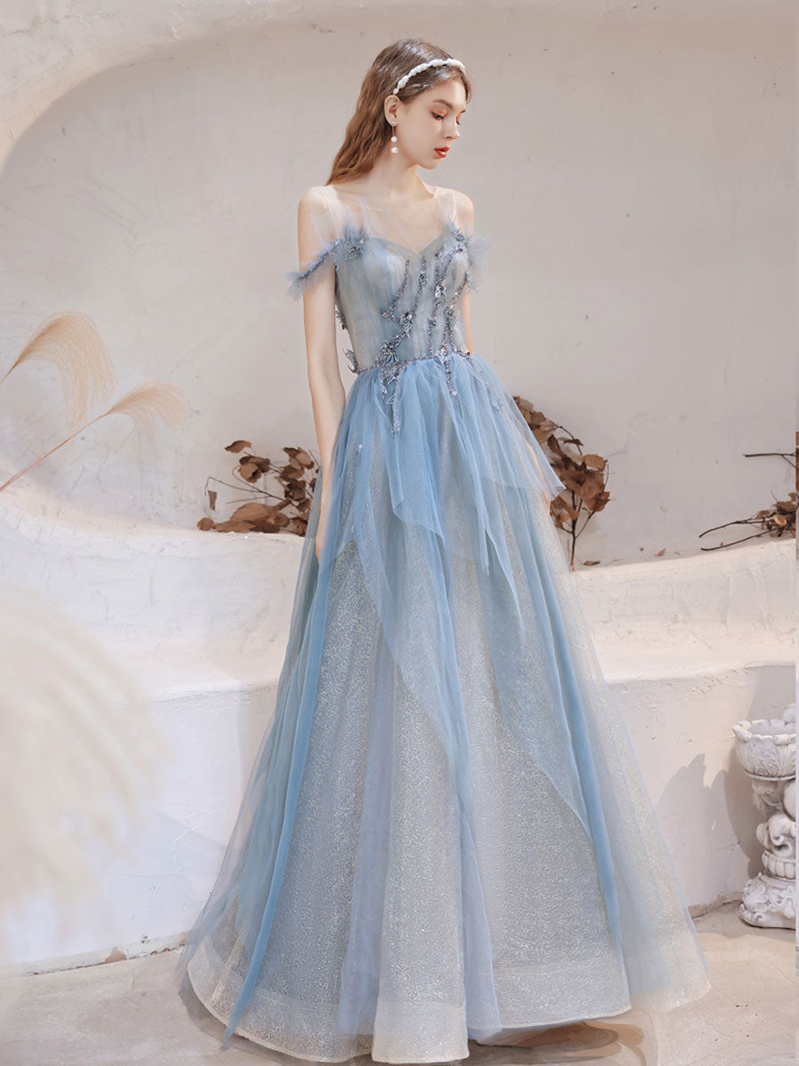 Elegant Blue Tulle Off Shoulder Beaded Long Prom Dress for Women - Formal Evening Gown for Homecoming, Wedding, and Special Occasions