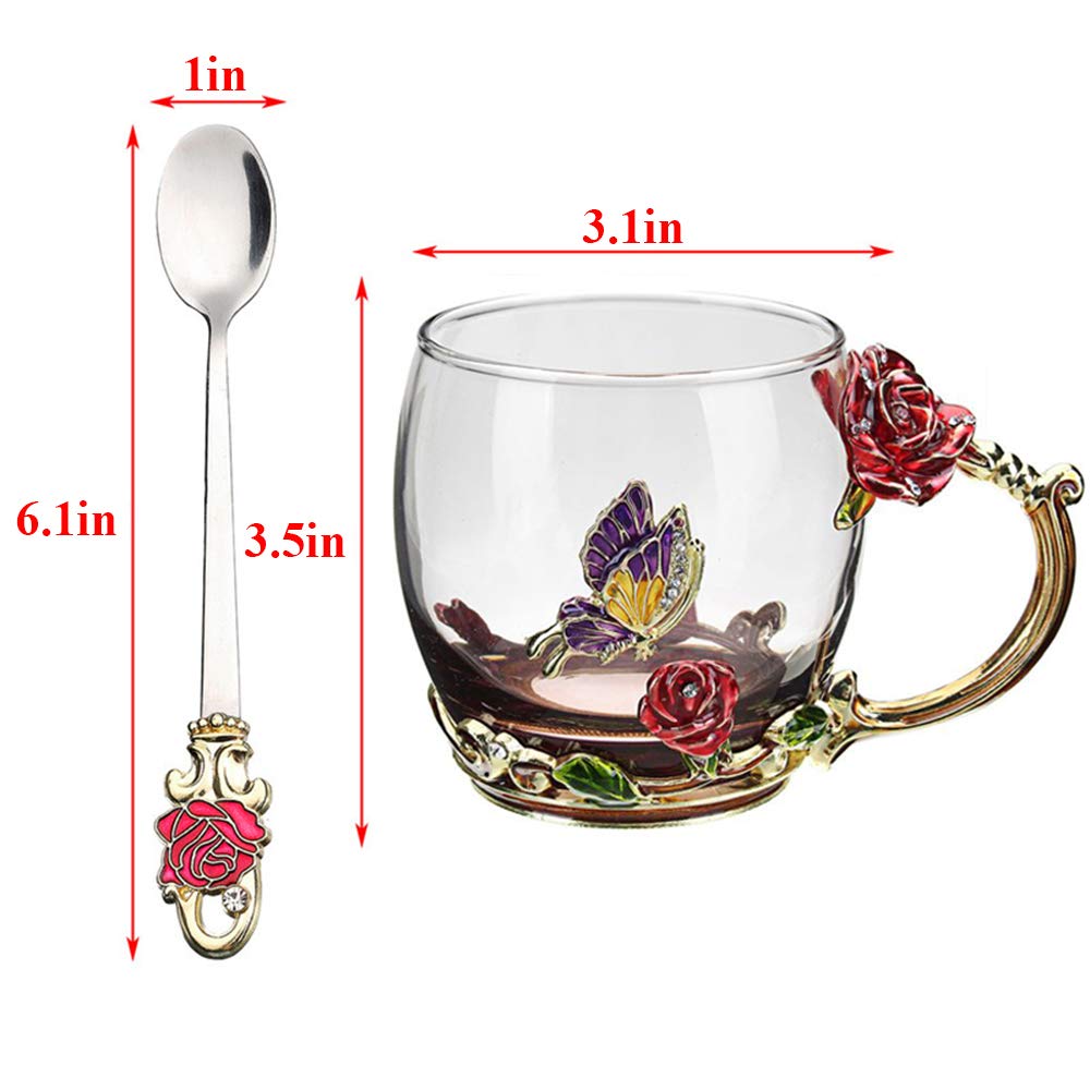 Elegant Rose & Butterfly Enamel Tea Cup Set - 12oz Glass Coffee Mug with Spoon - Perfect for Tea, Coffee & Hot Drinks - Unique Birthday, Wedding & Christmas Gift Idea - Ideal for Home, Office & Gifting