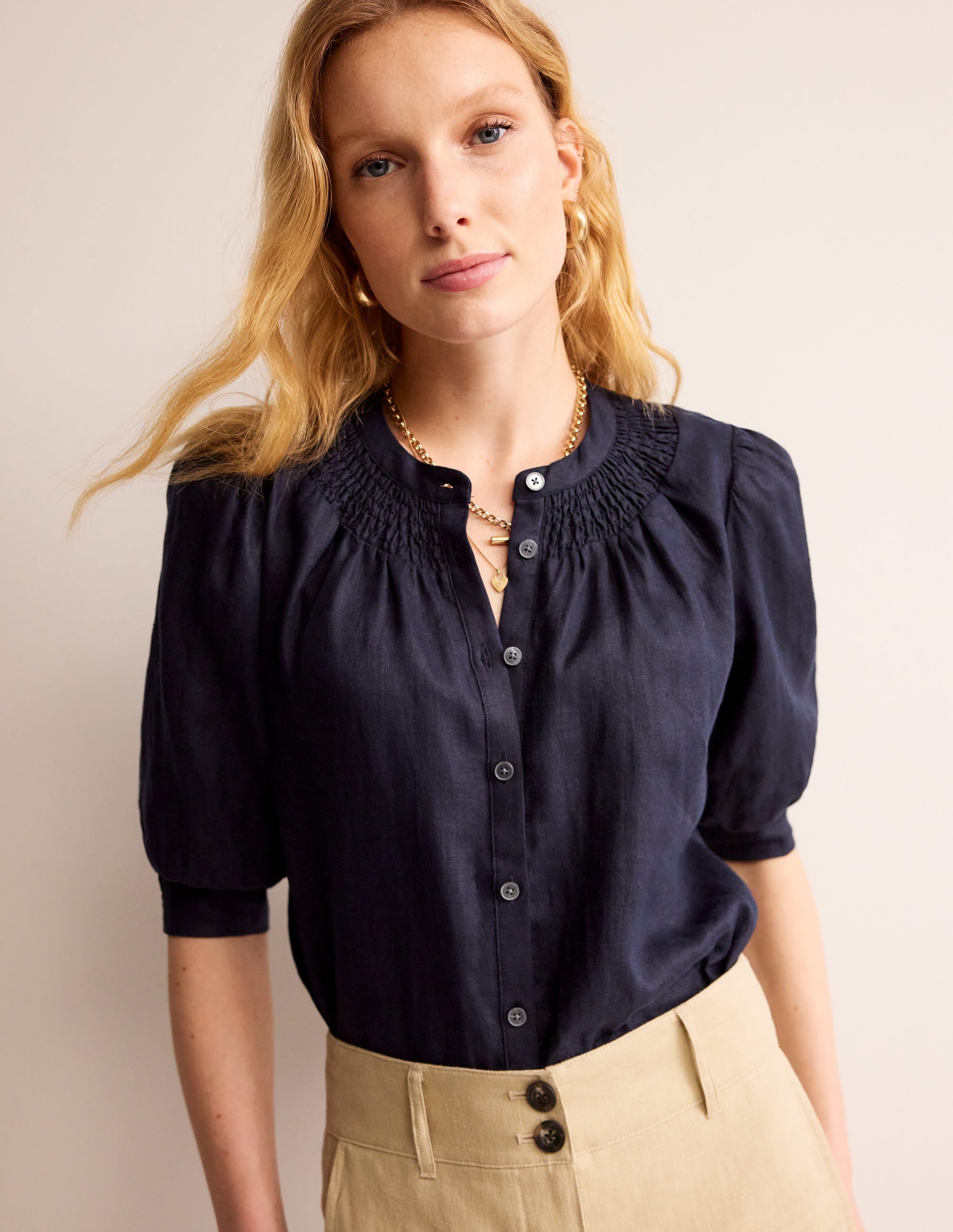 Ada Women's Linen Blouse Navy Blue - Casual Summer Tops for Beach, Office & Everyday Wear